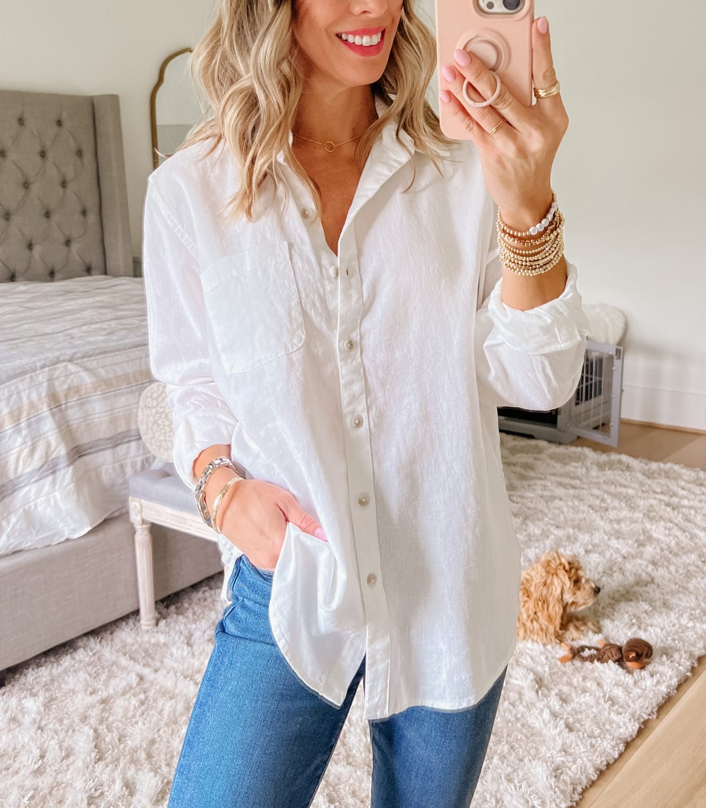 White Button Down Top, Jeans, Wedges 