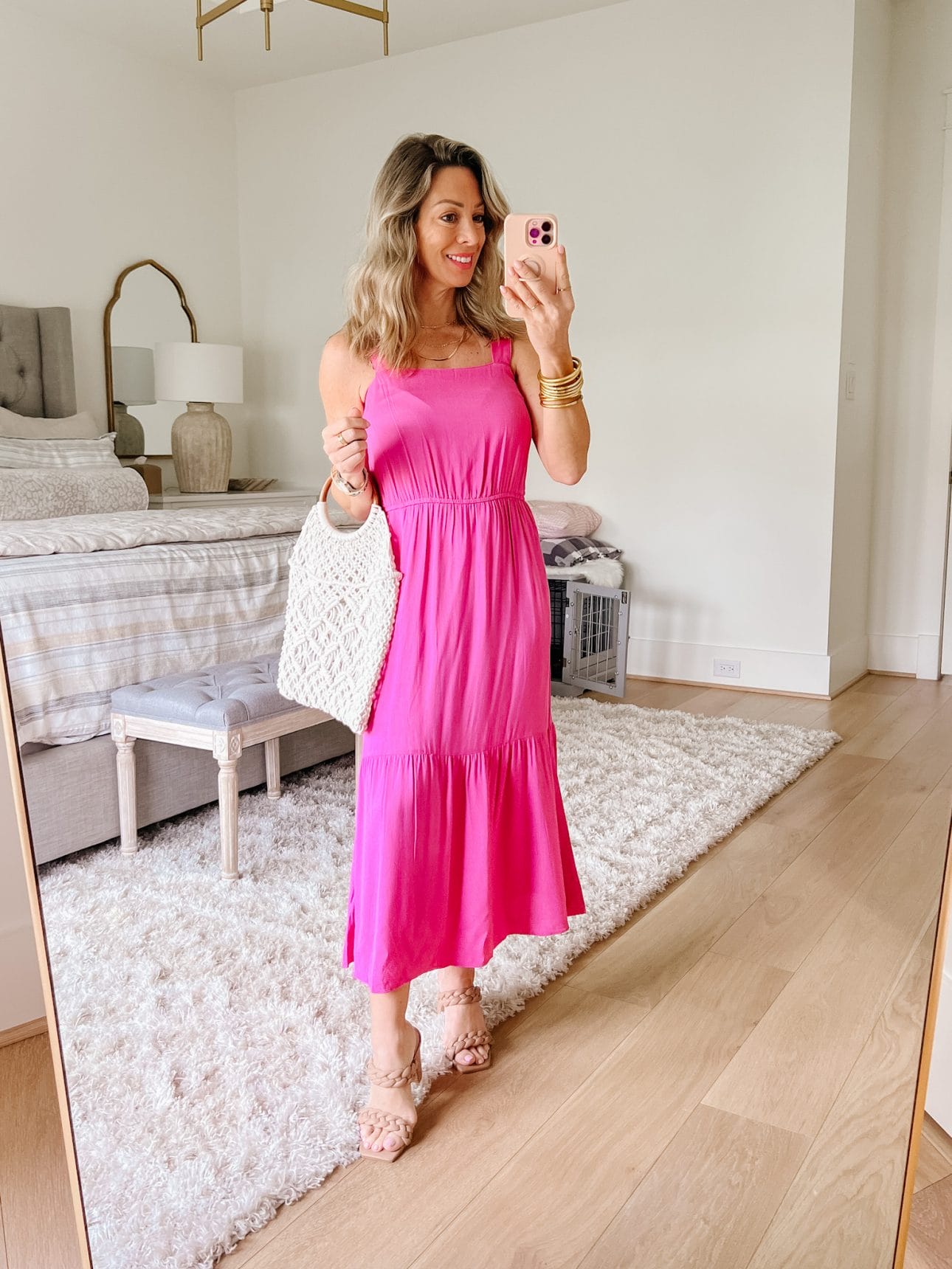 Pink Dress Maxi Style, Braided Heels, Crochet Bag 