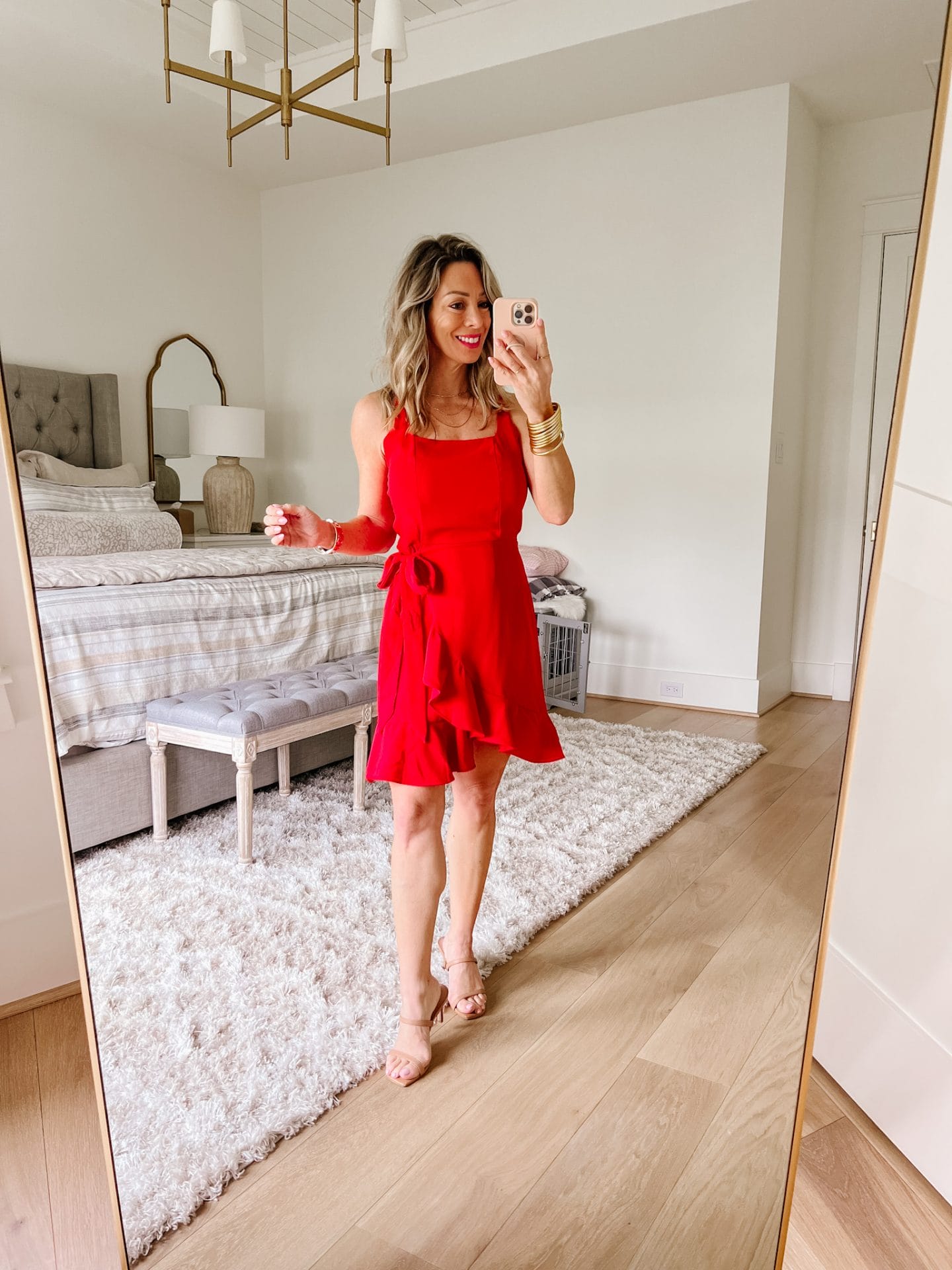 Red Ruffle Mini Dress, Sandals 