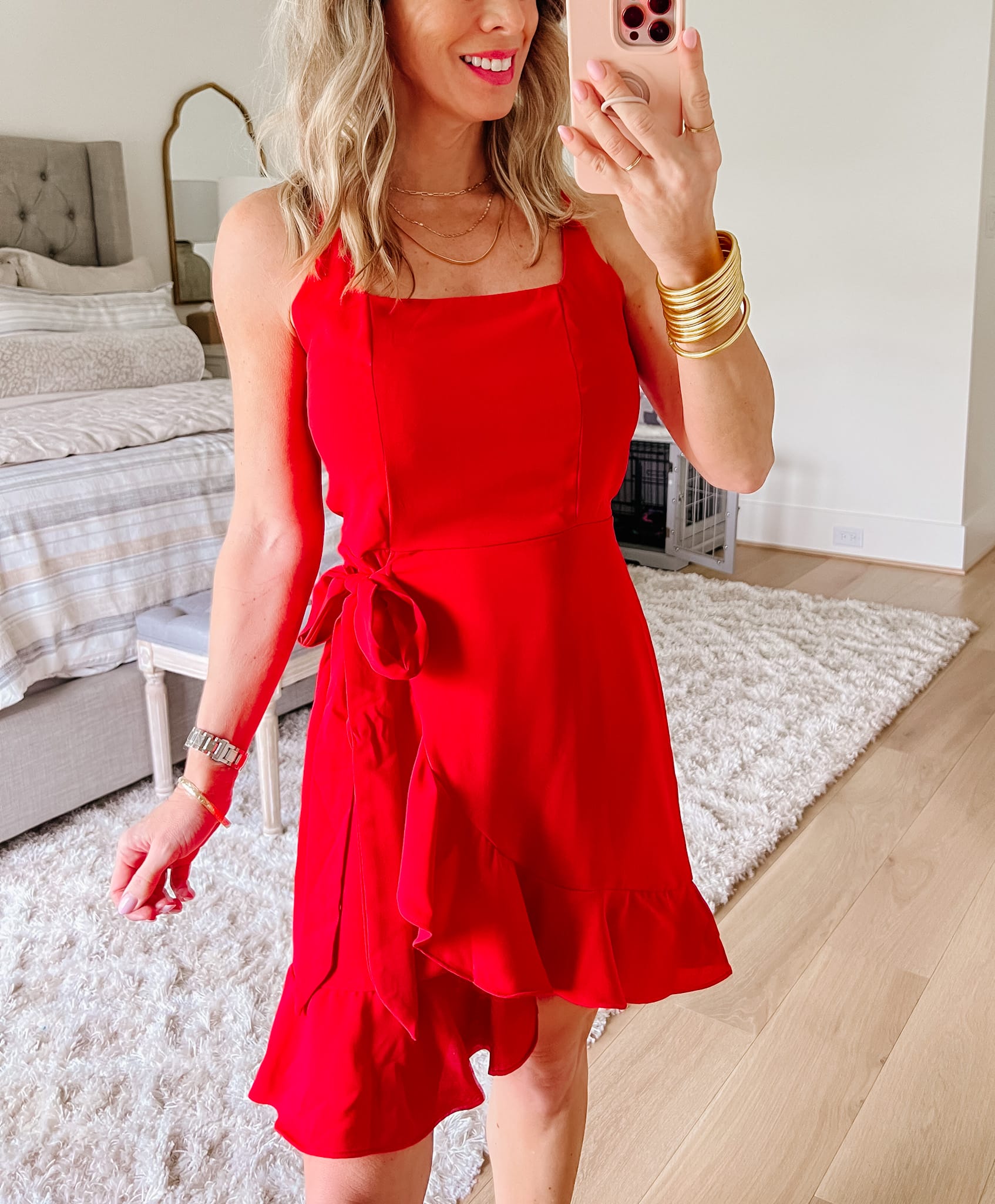 Red Ruffle Mini Dress, Sandals 