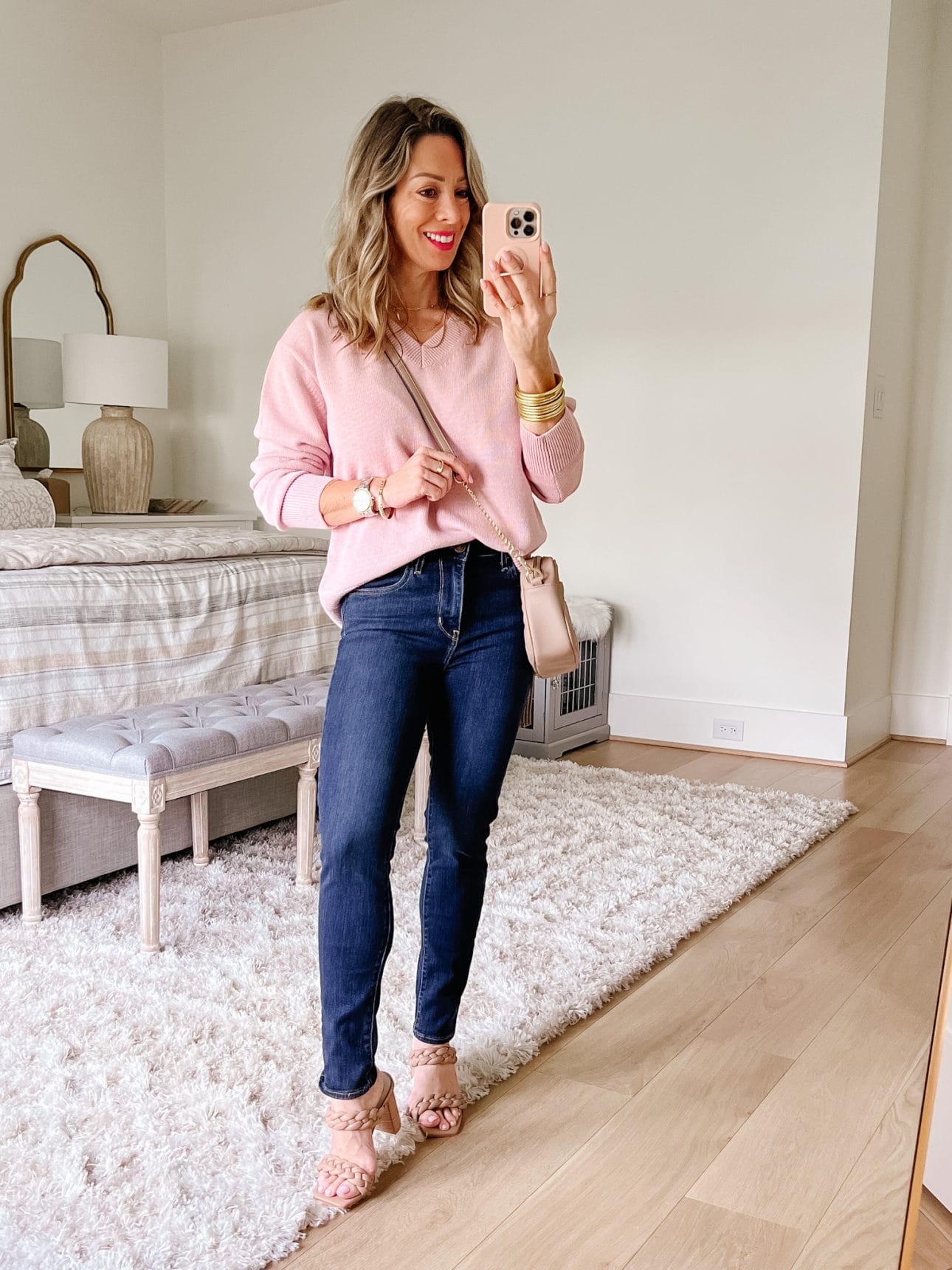 Pink Pullover, Jeans, Sandals, Crossbody 