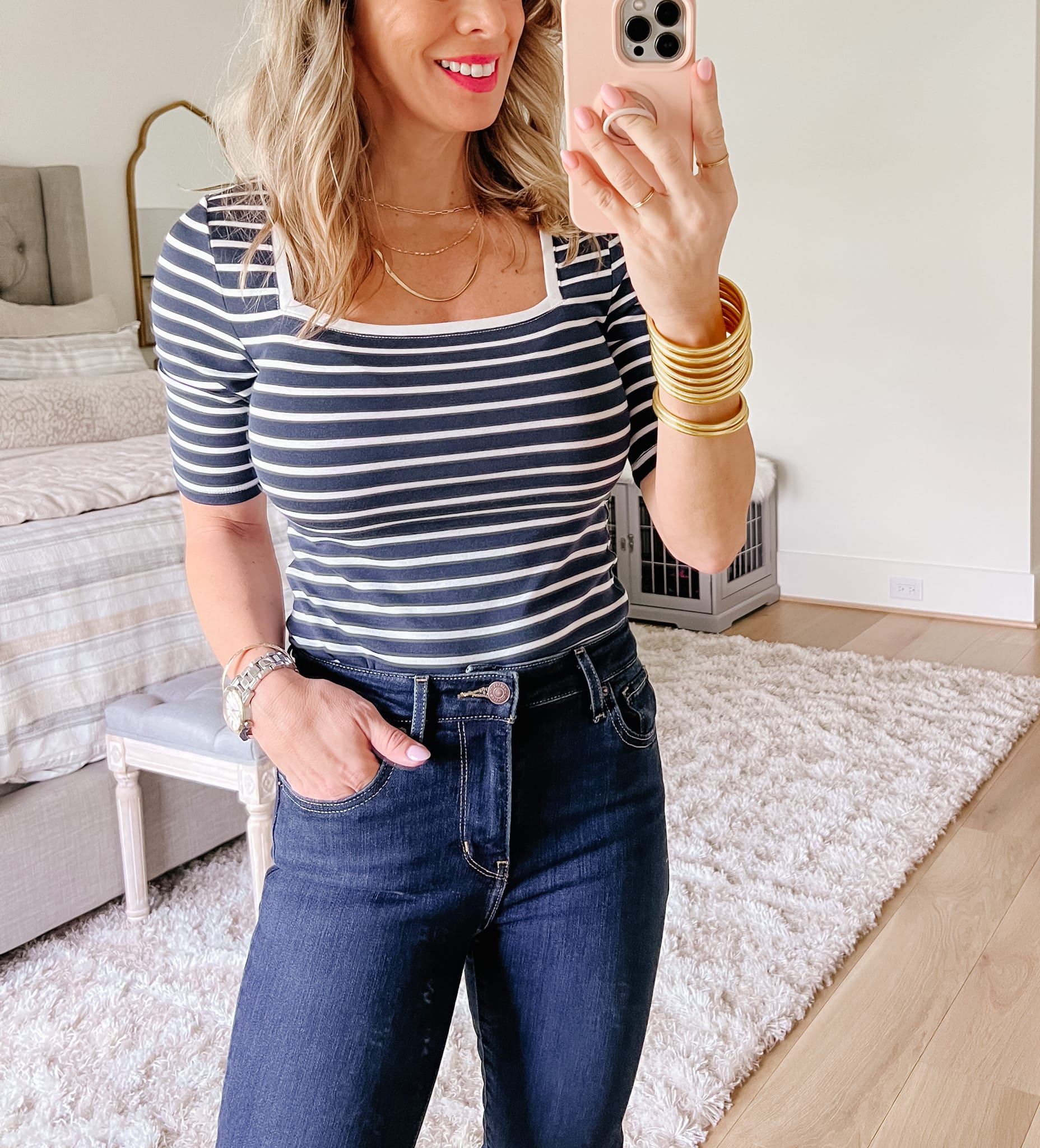 Striped Top, Jeans, Wedges 