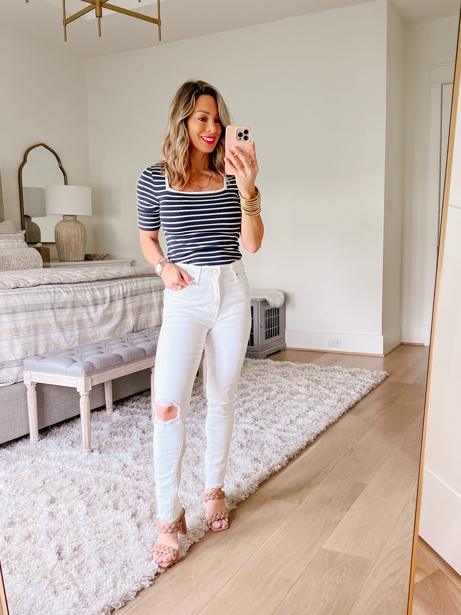 Striped Top, Jeans, Sandals 