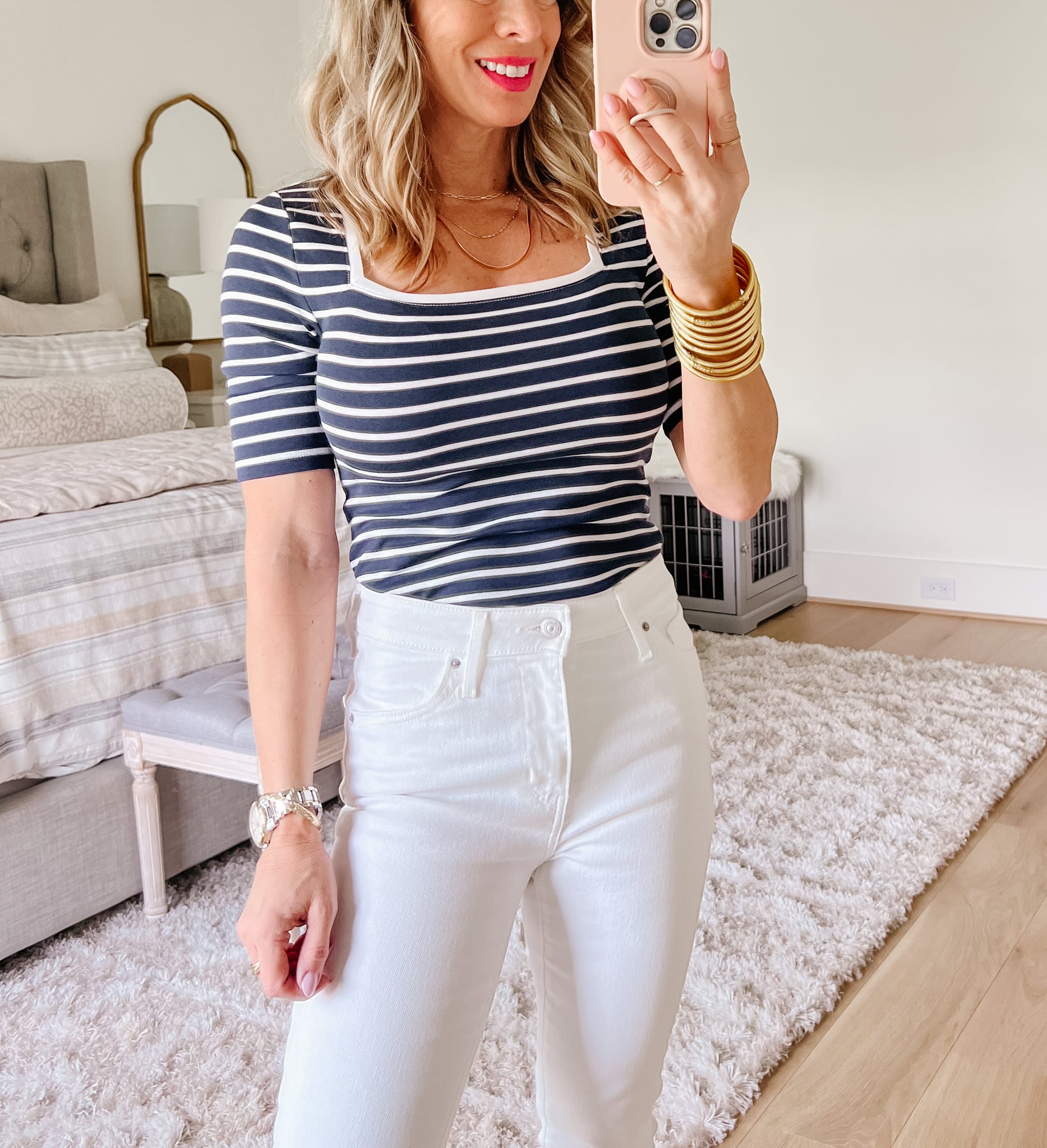Striped Top, Jeans, Sandals 