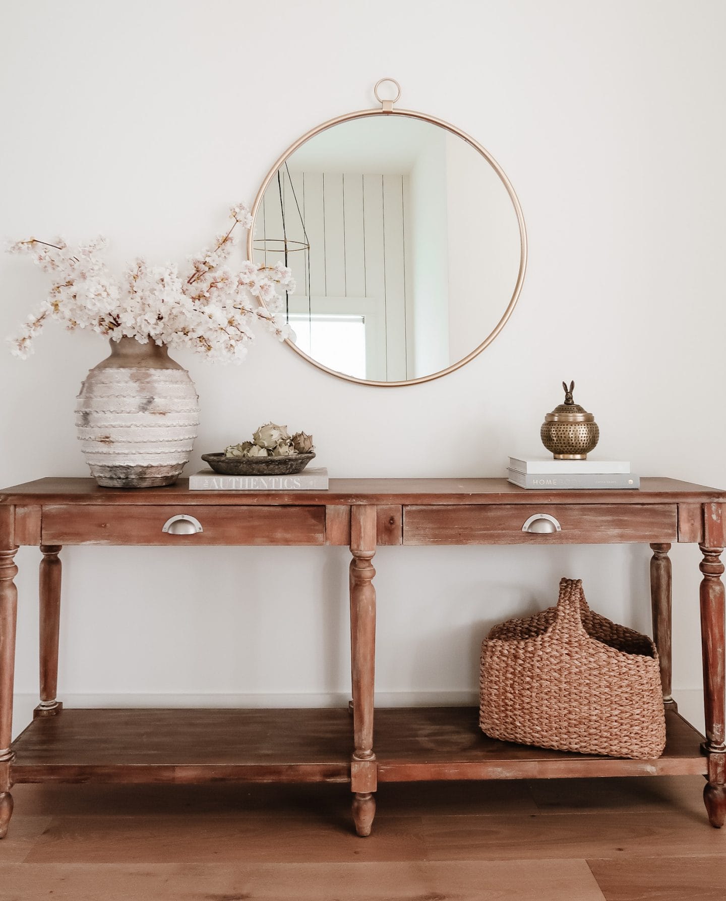 Console Table, Mirror, Basket