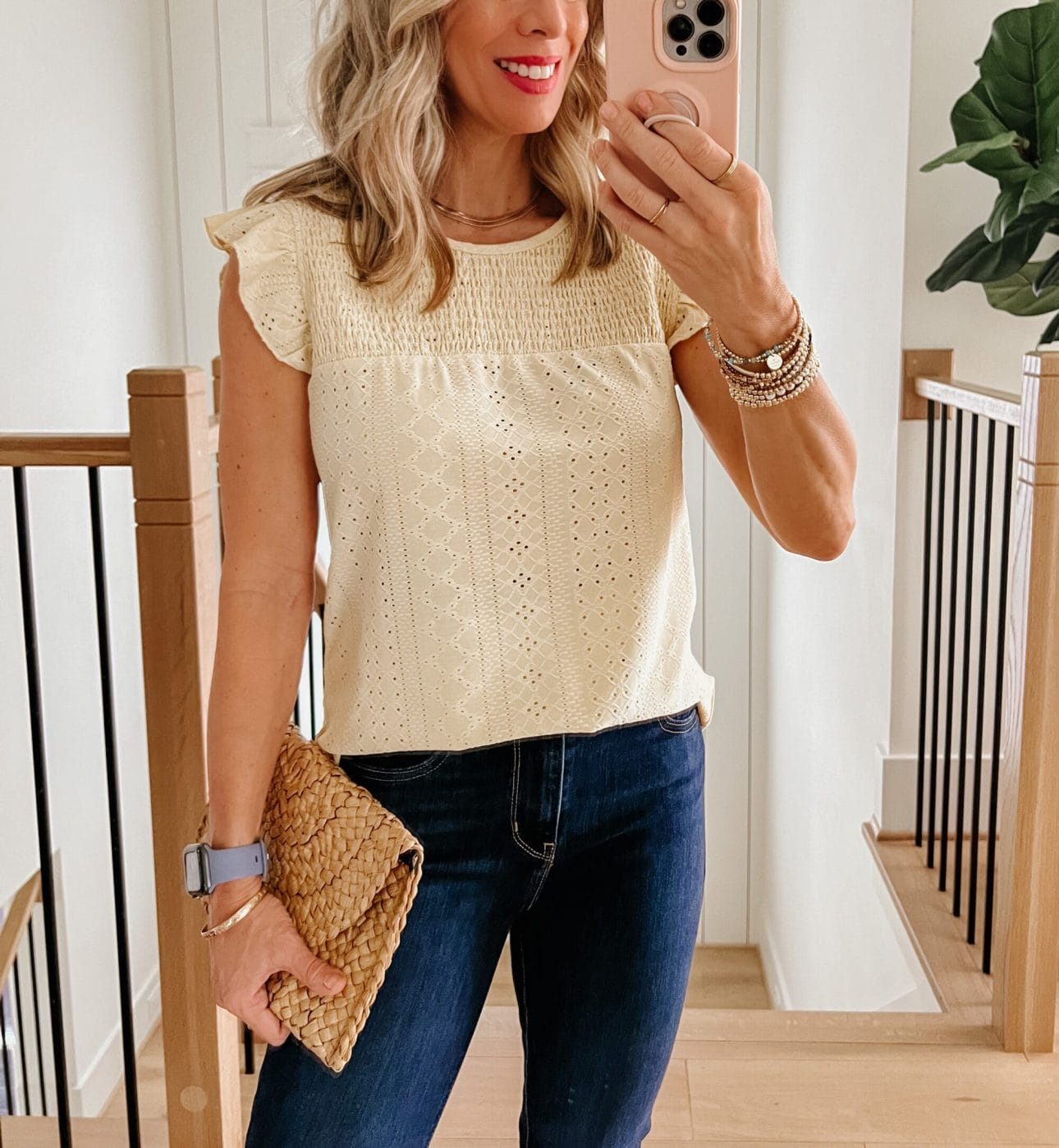 Eyelet Top, Jeans, Wedges, Clutch 