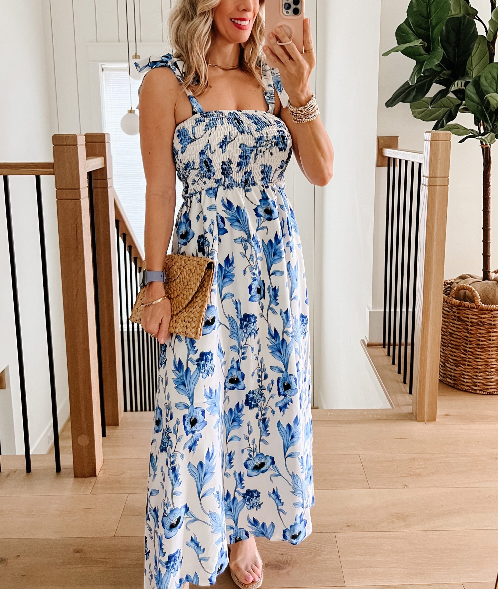 Floral Smocked Maxi, Wedges, Clutch 