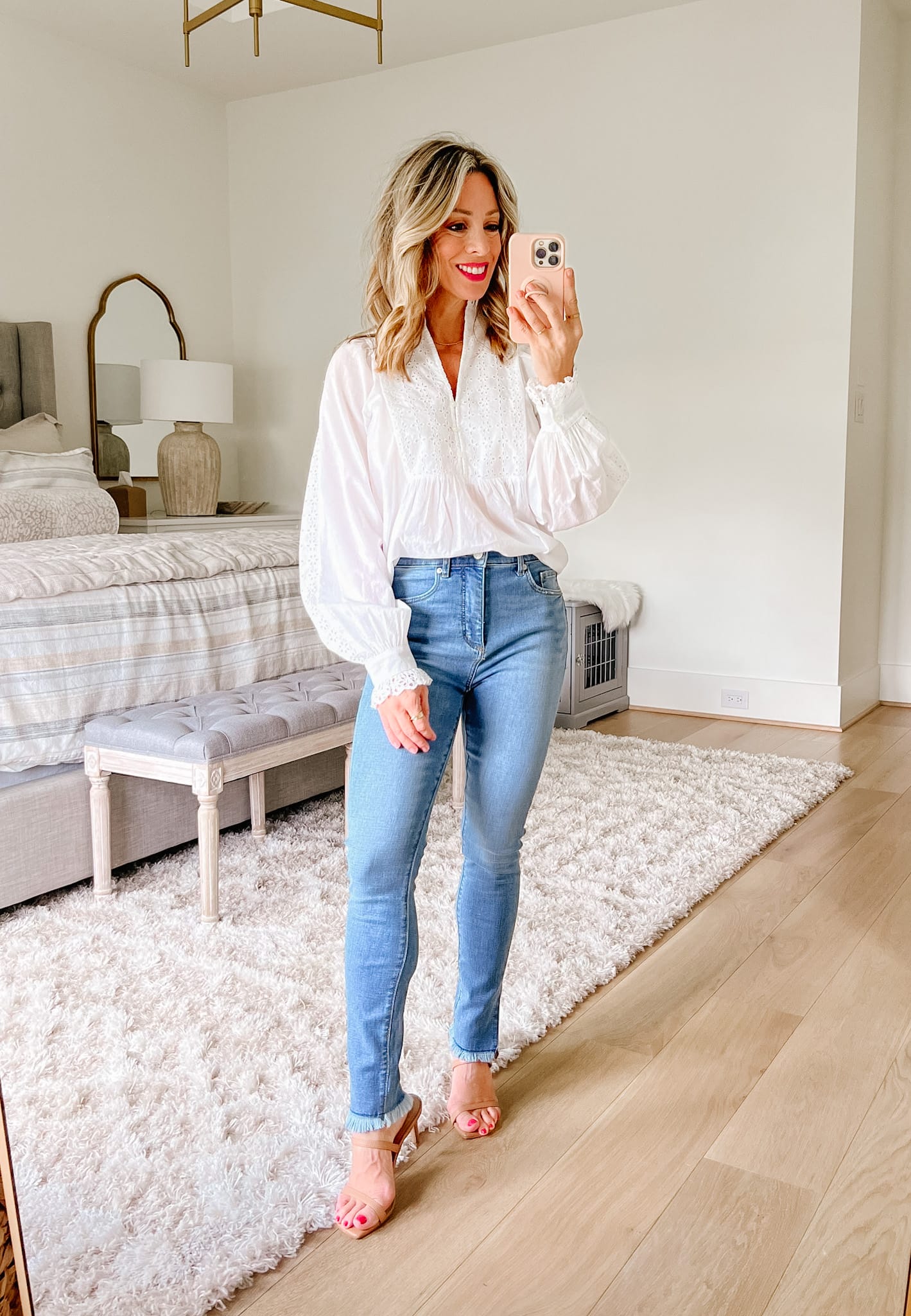 White Top, Jeans, Sandals 