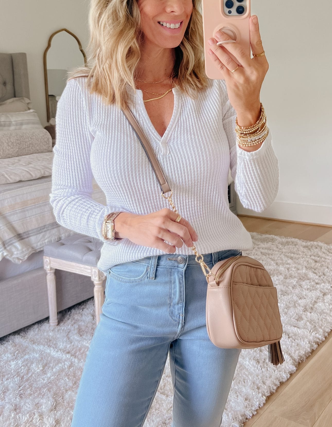 Waffle Knit Top, Jeans, Mules, Crossbody 