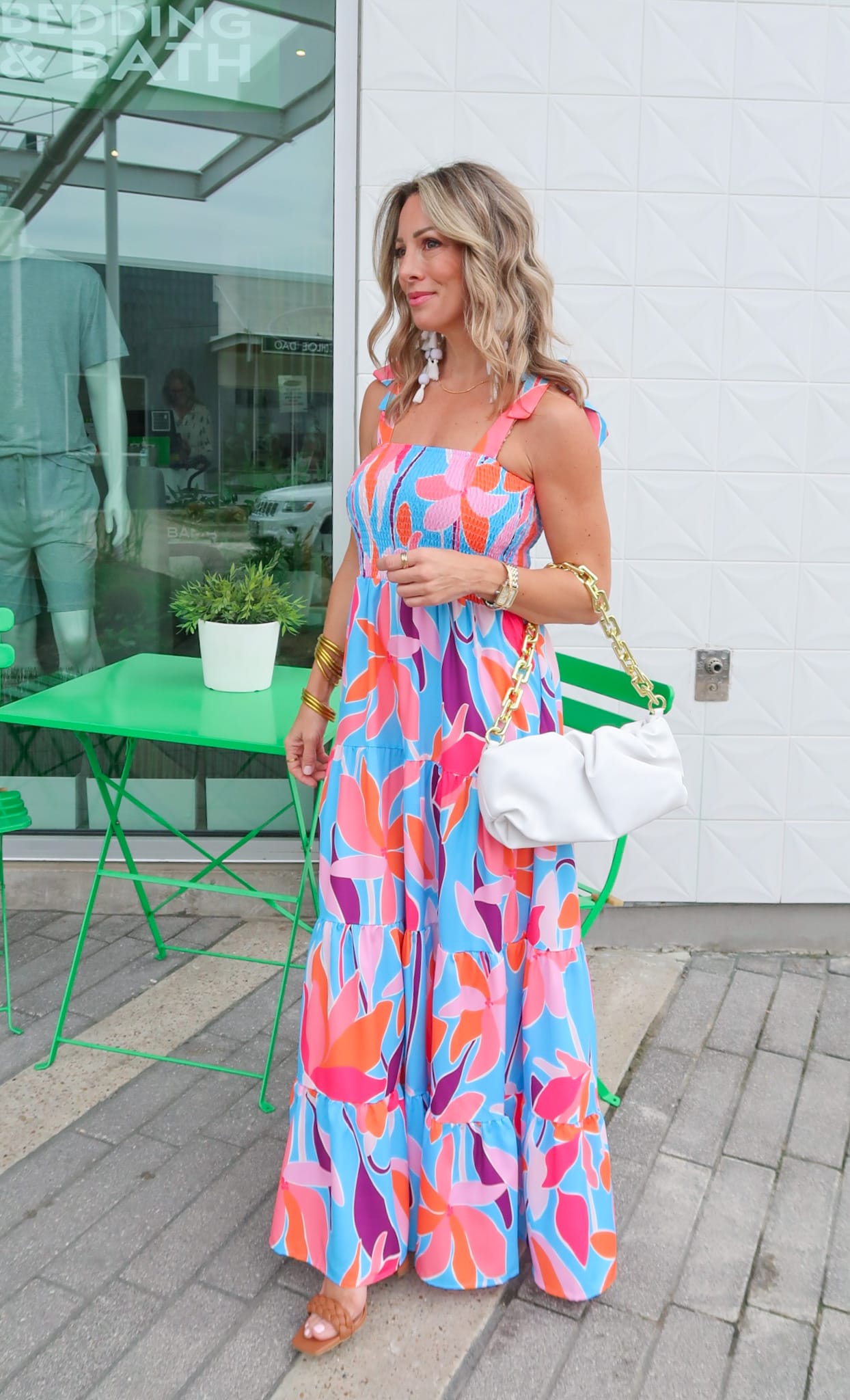 Floral Dress, with tie Straps, Braided sandals, White purse with gold chain