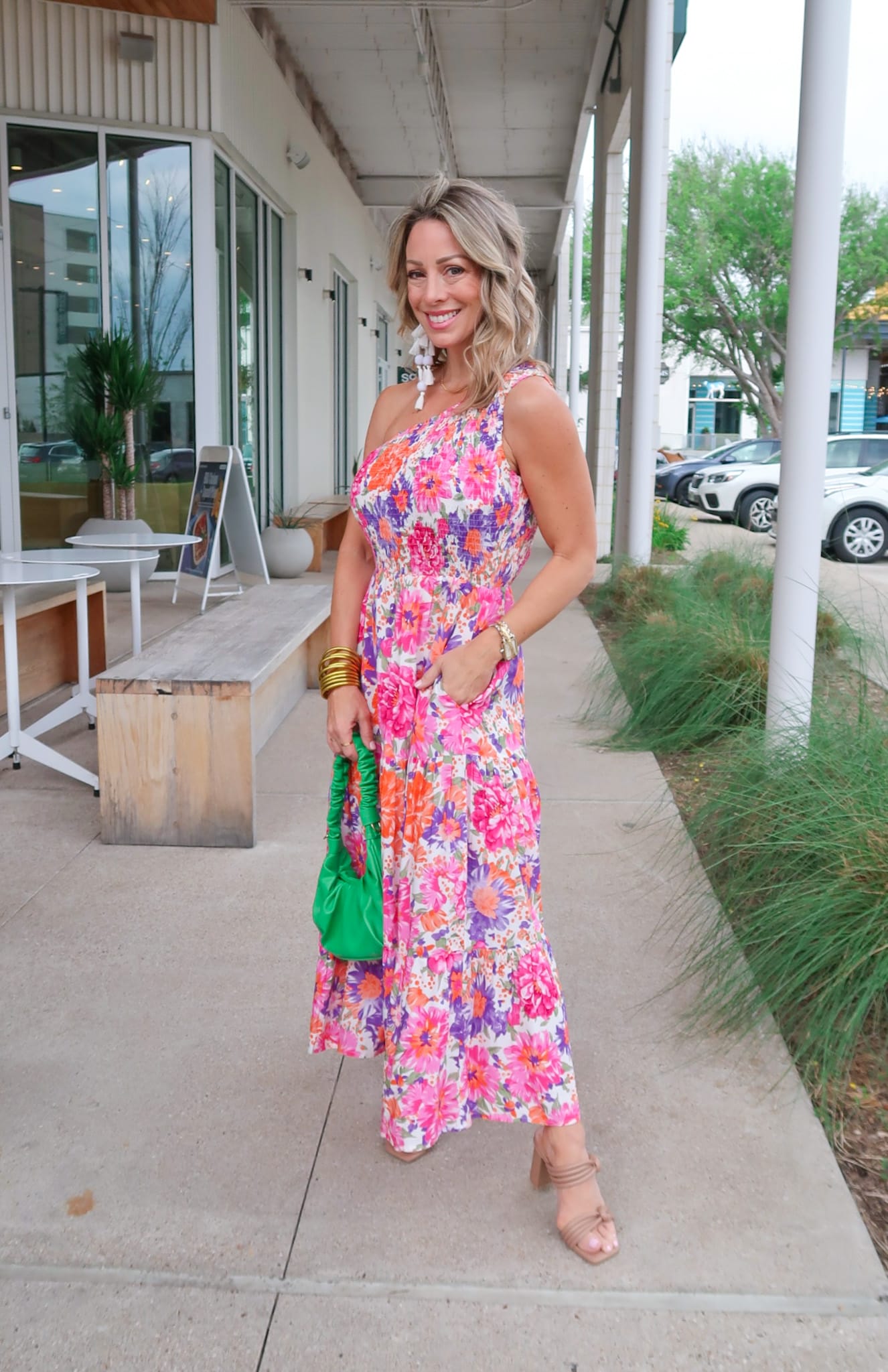 Floral One Shoulder Maxi Dress, Knotted Sandals, Green Purse