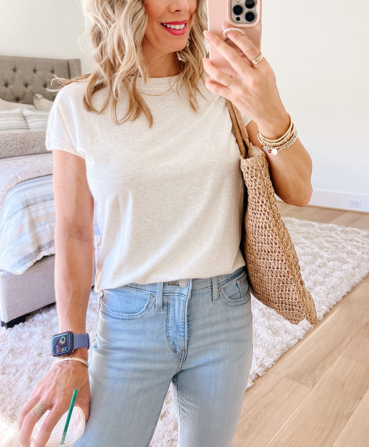 Tee, Jeans, St. tropez sandals, Tote 