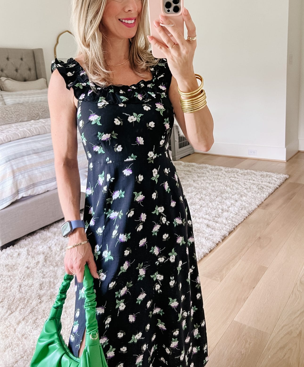 Floral Dress, Side Slit, Green Bag 