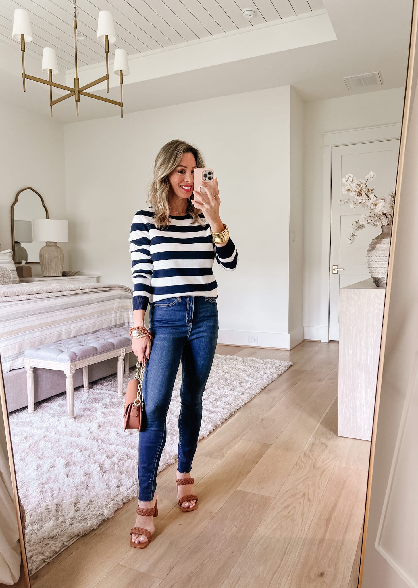 Striped Sweater, Jeans, Sandals, Purse 