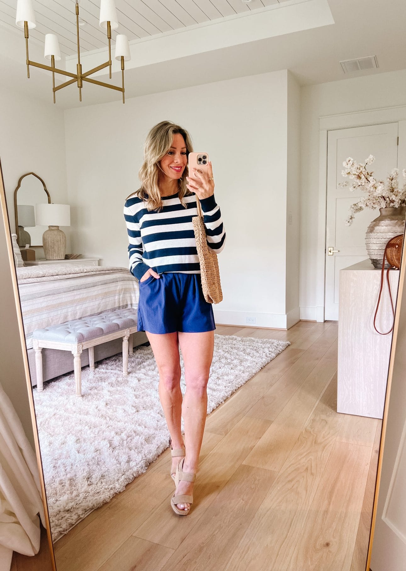 Striped Sweater, Shorts, Wedges 
