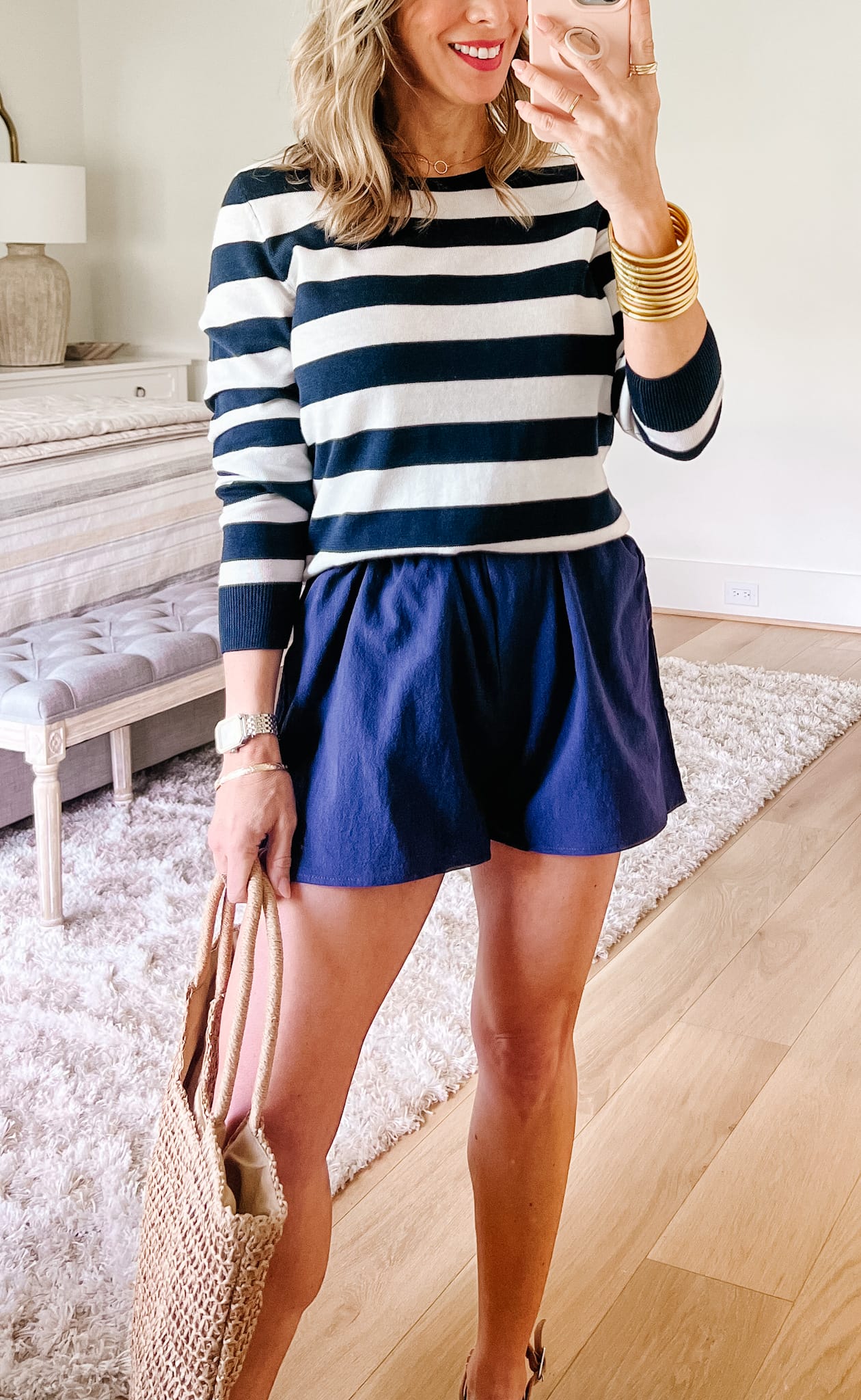 Striped Sweater, Shorts, Wedges 