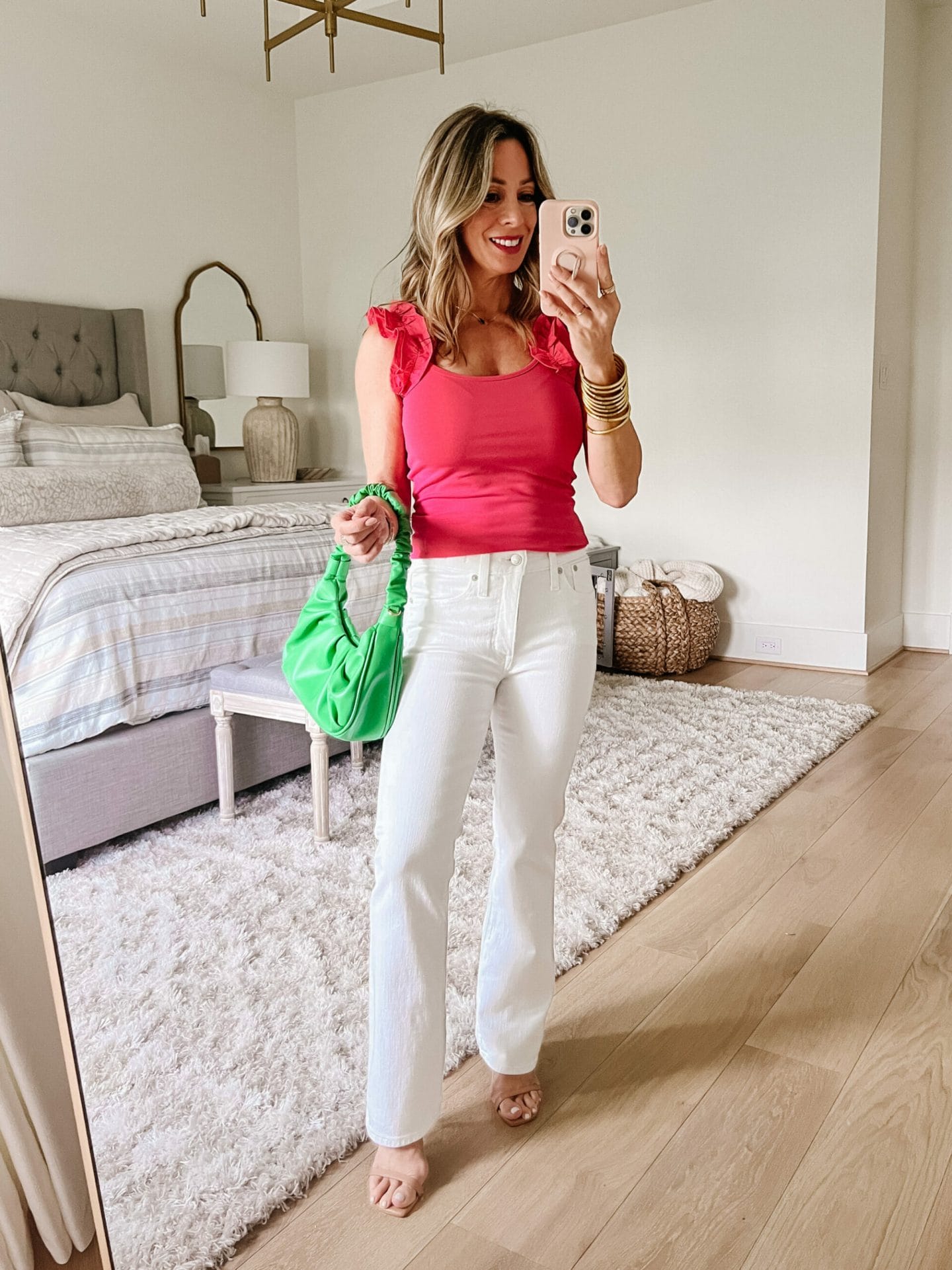 Pink Top, White Jeans, Sandals 