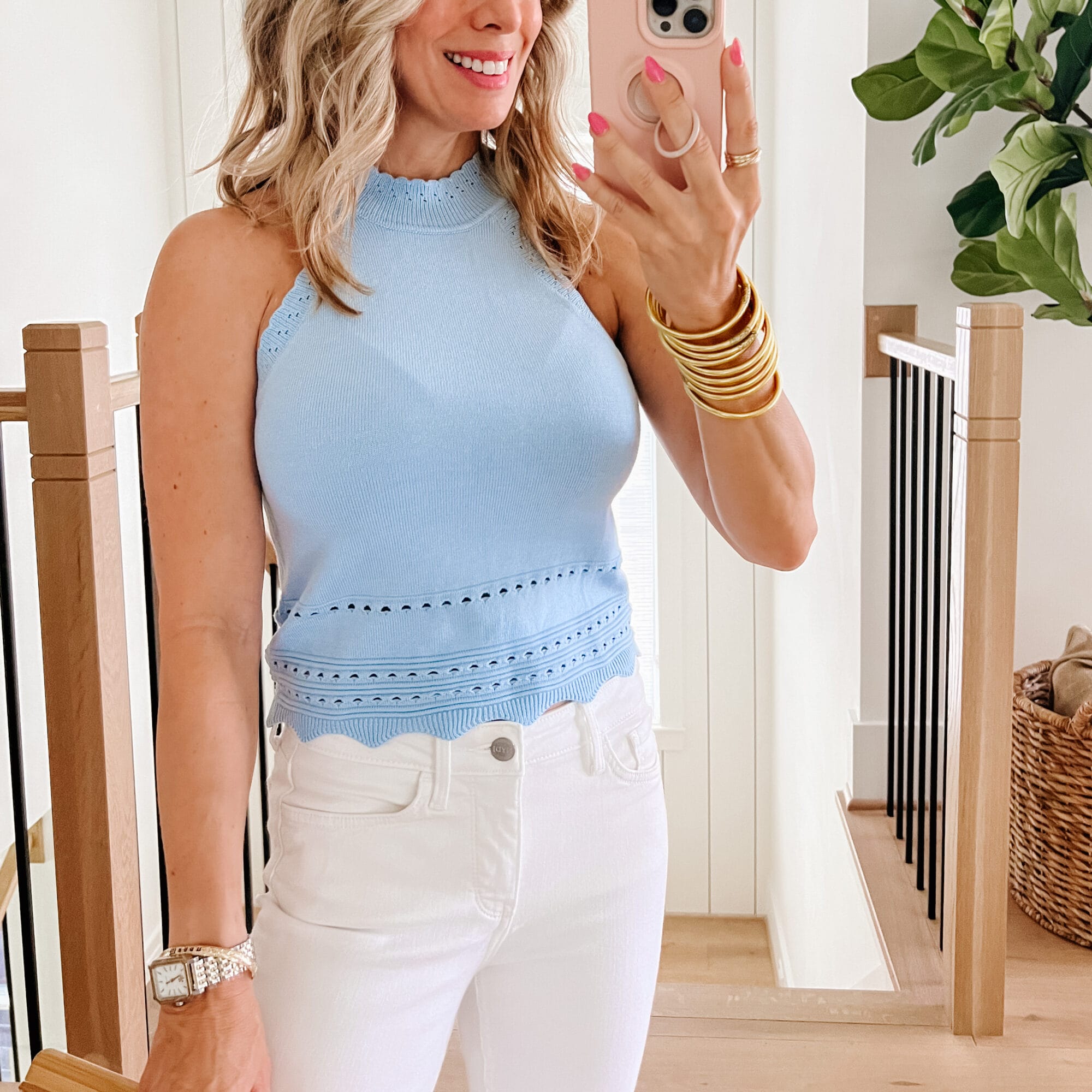 Scalloped Blue Sweater Tank, Jeans, Sandals
