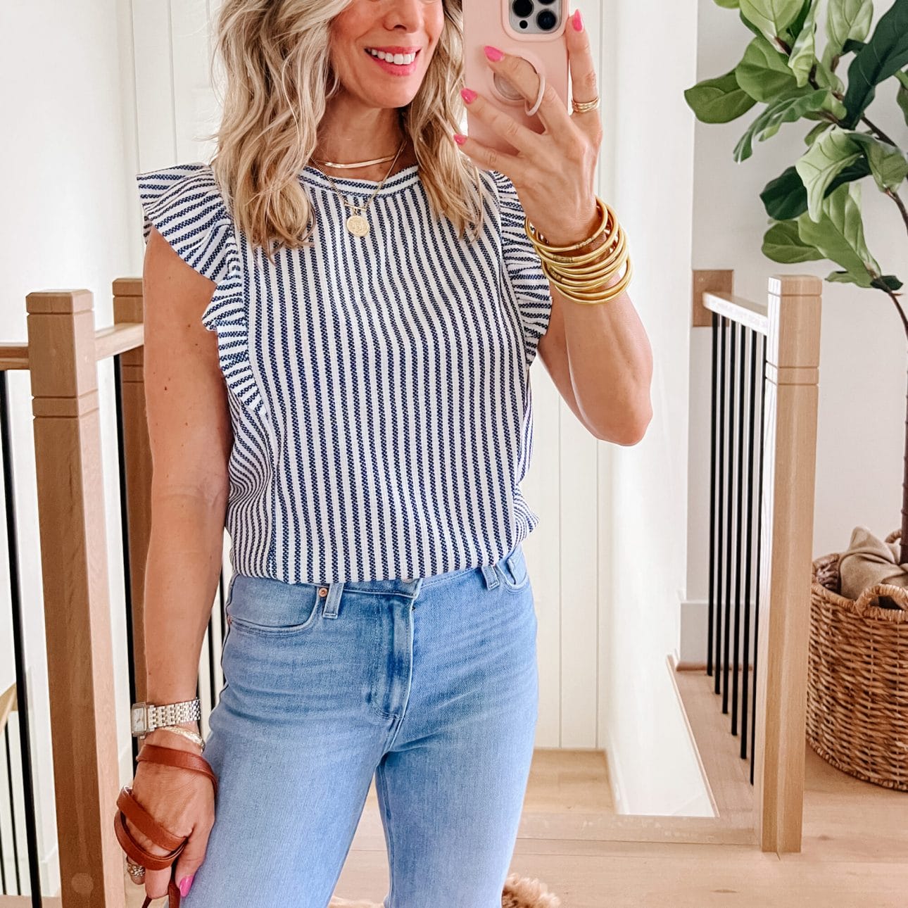 Striped Top, Jeans, Wedges, Crossbody 