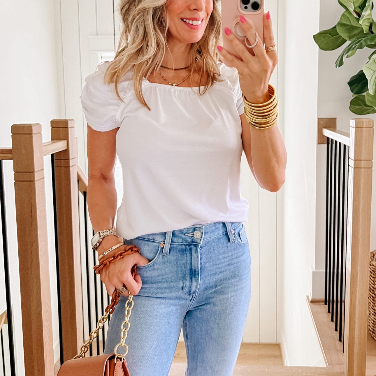 Ruched Sleeve Tee, Jeans, Wedges