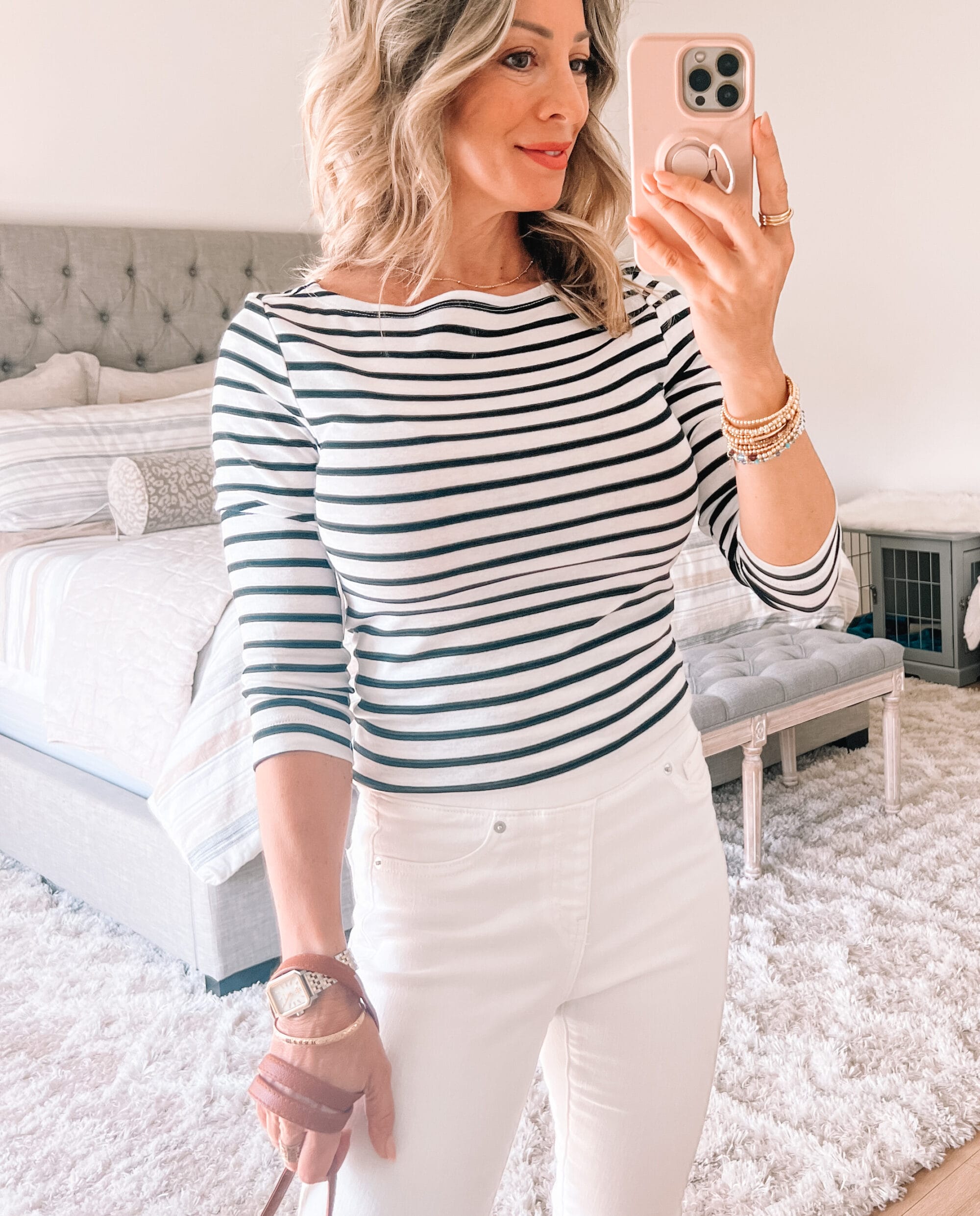 Striped Boat Neck Top, Jeggings, Sandals crossbody 