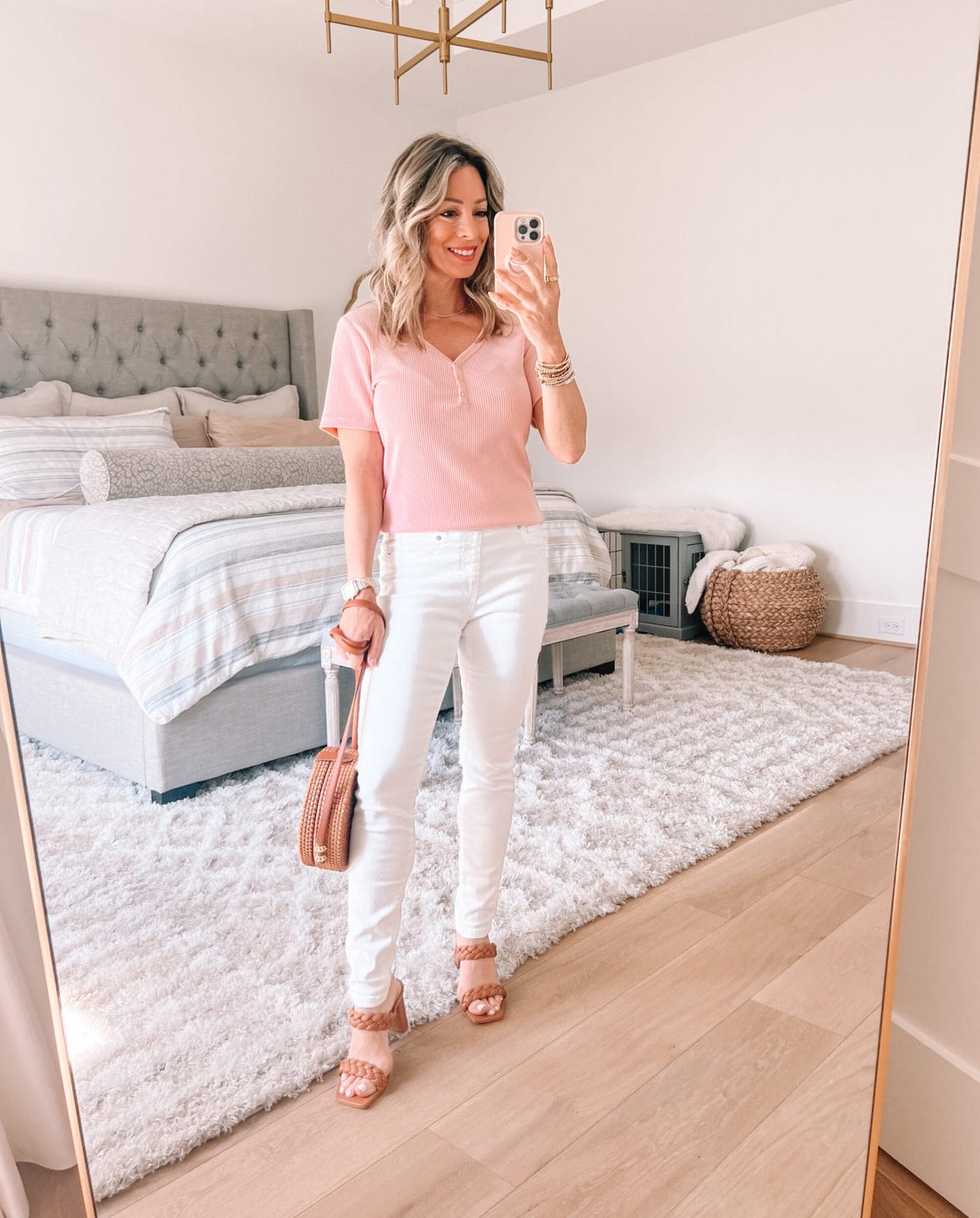 Pink Ribbed Top, Jeggings, Sandals 