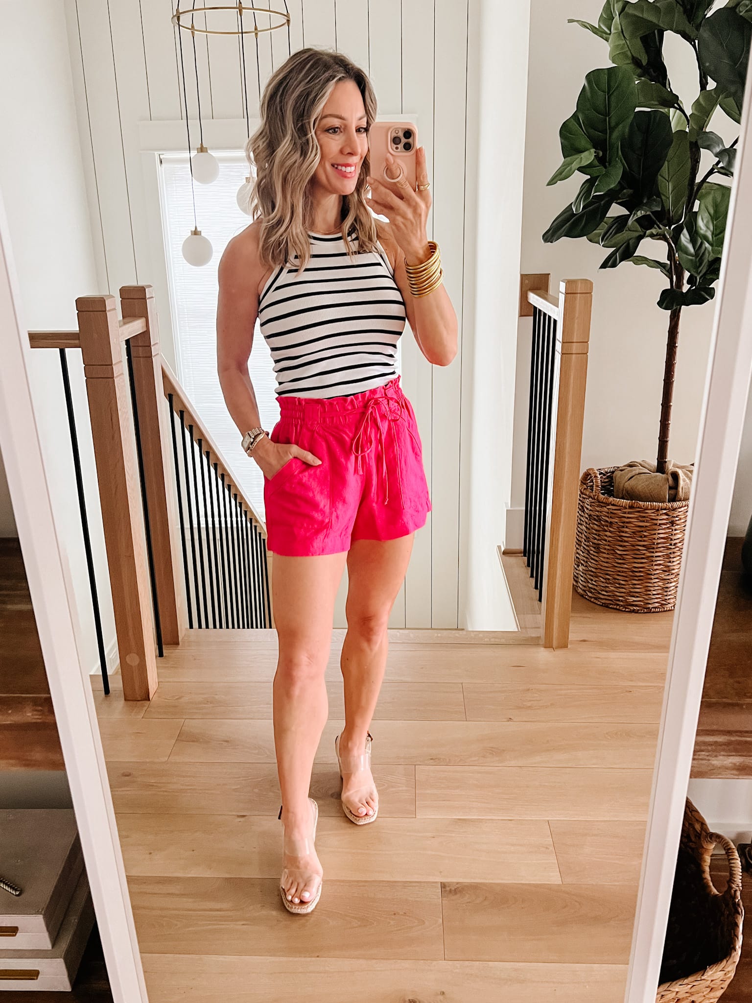 Striped Tank, Pink SHorts, WEdges 