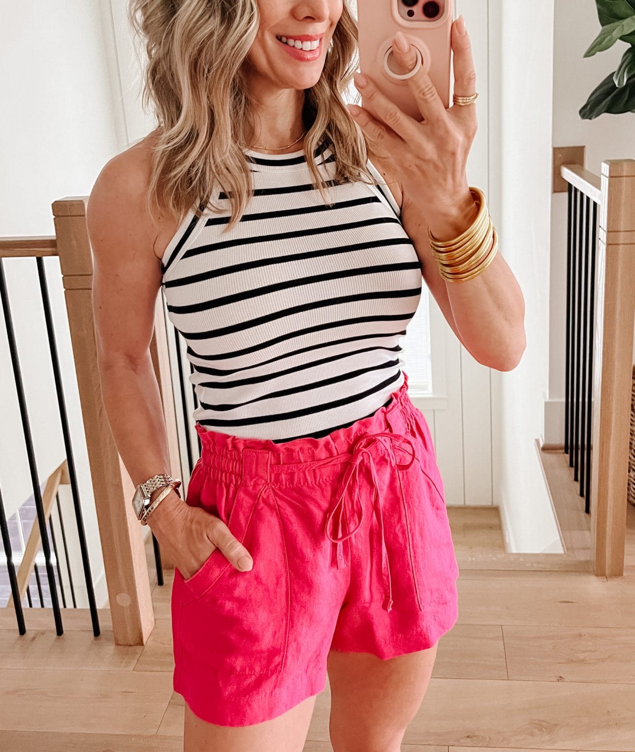 Striped Tank, Pink Shorts, Wedges 