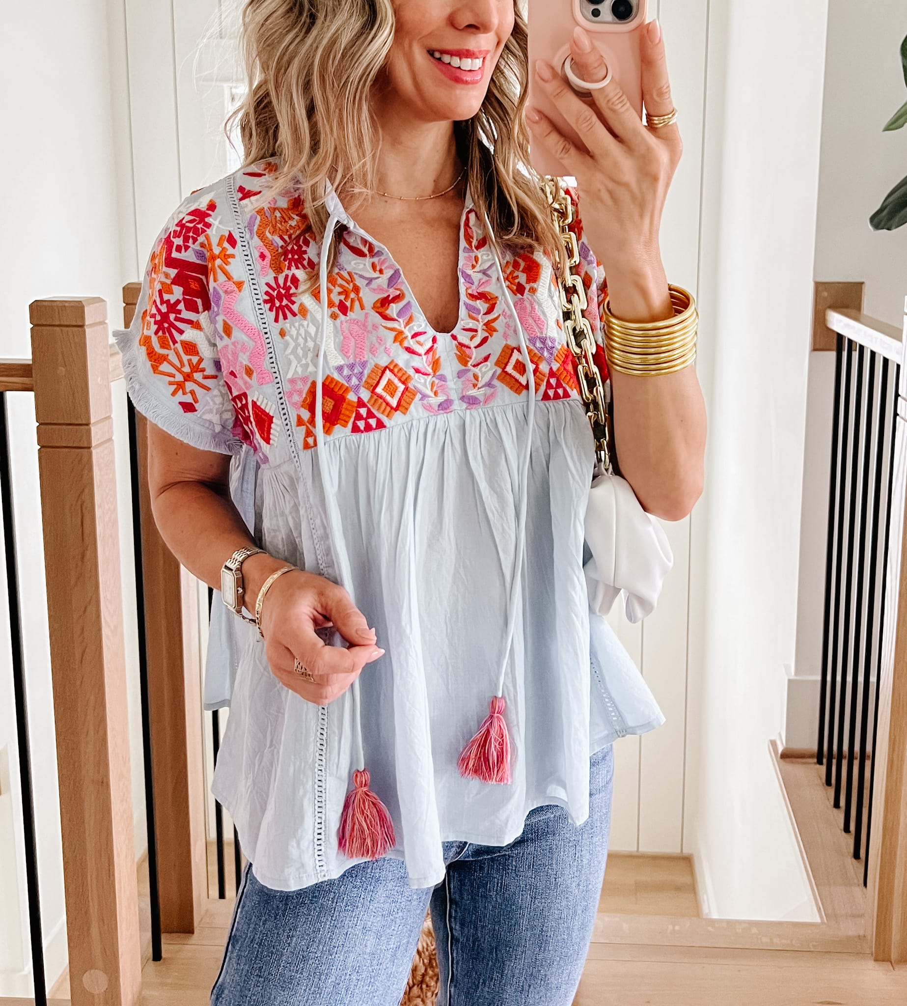 Embroidered Top, Jeans, Sandals 