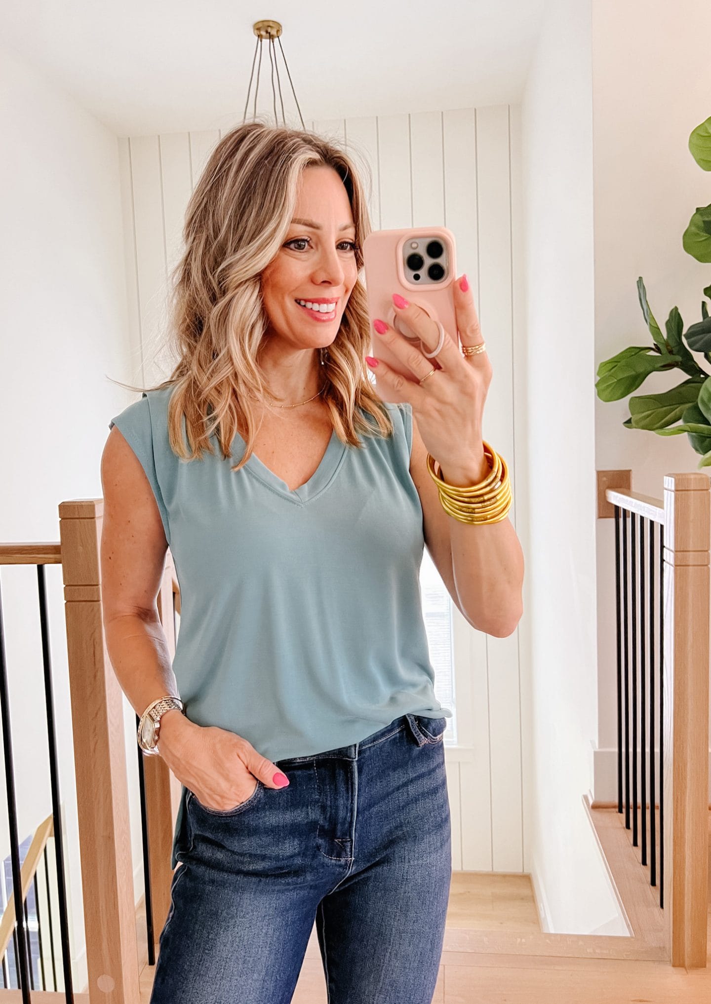 Gibson V Neck Tee, Jeans, Wedges 