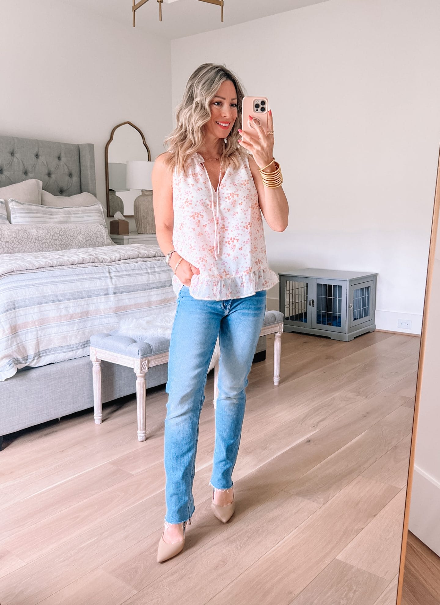 Gibson Floral Top, Mother Jeans, Heels 