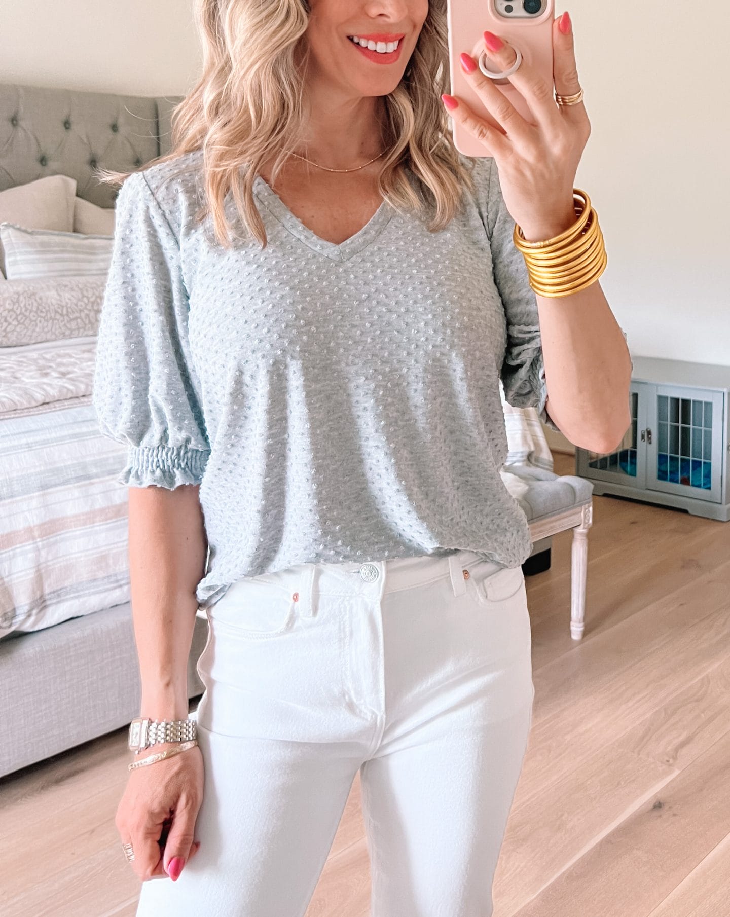 Puff Sleeve Top, jeans, wedges 