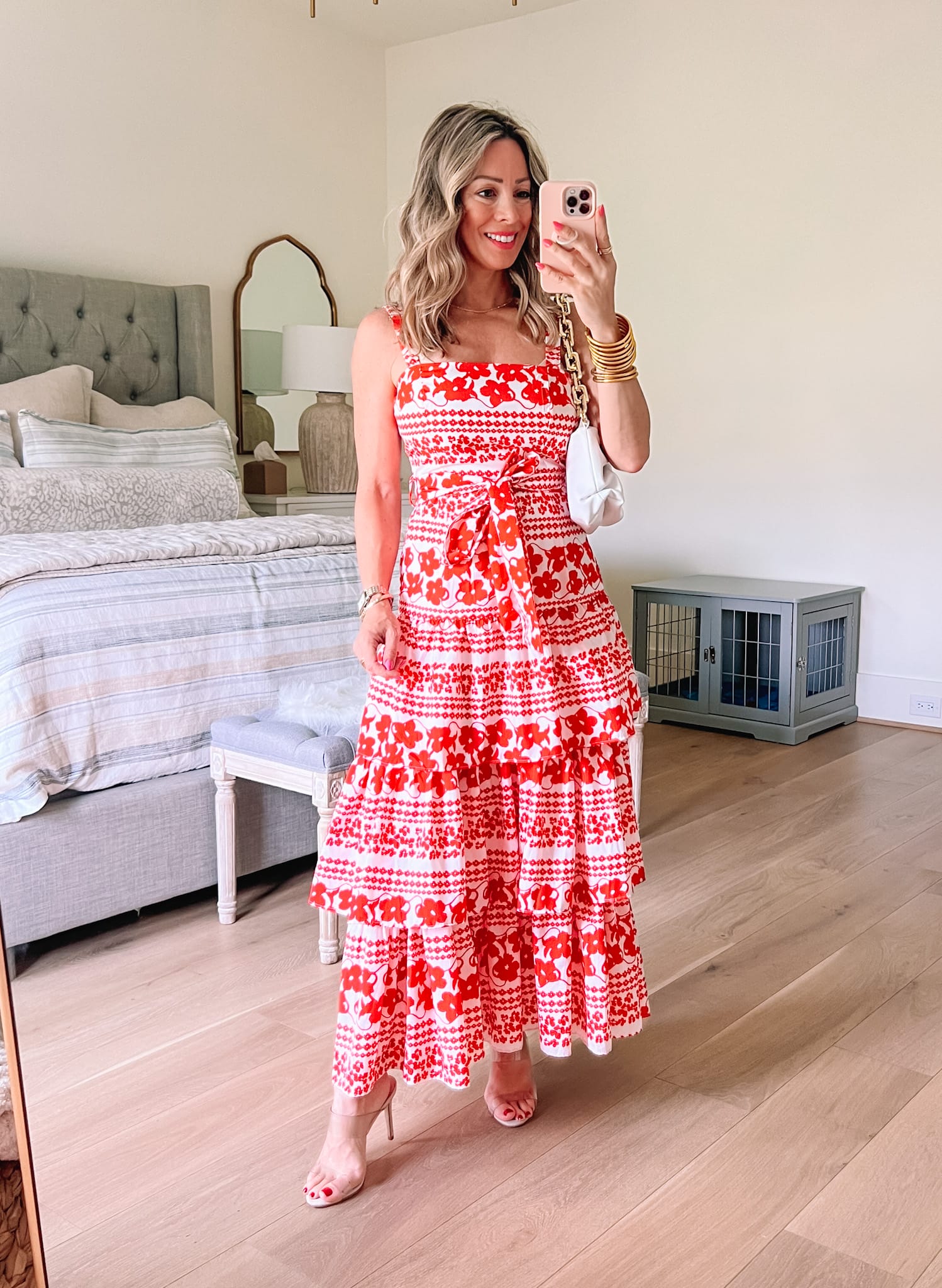 Red and White Tiered Dress, Clear Sandals