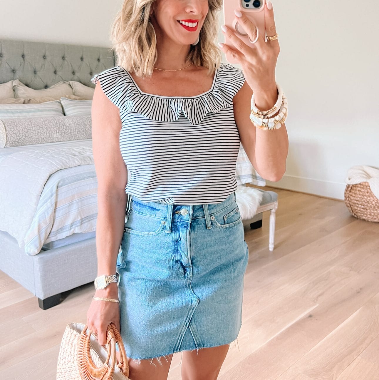 Striped Top, Jeans Skirt 