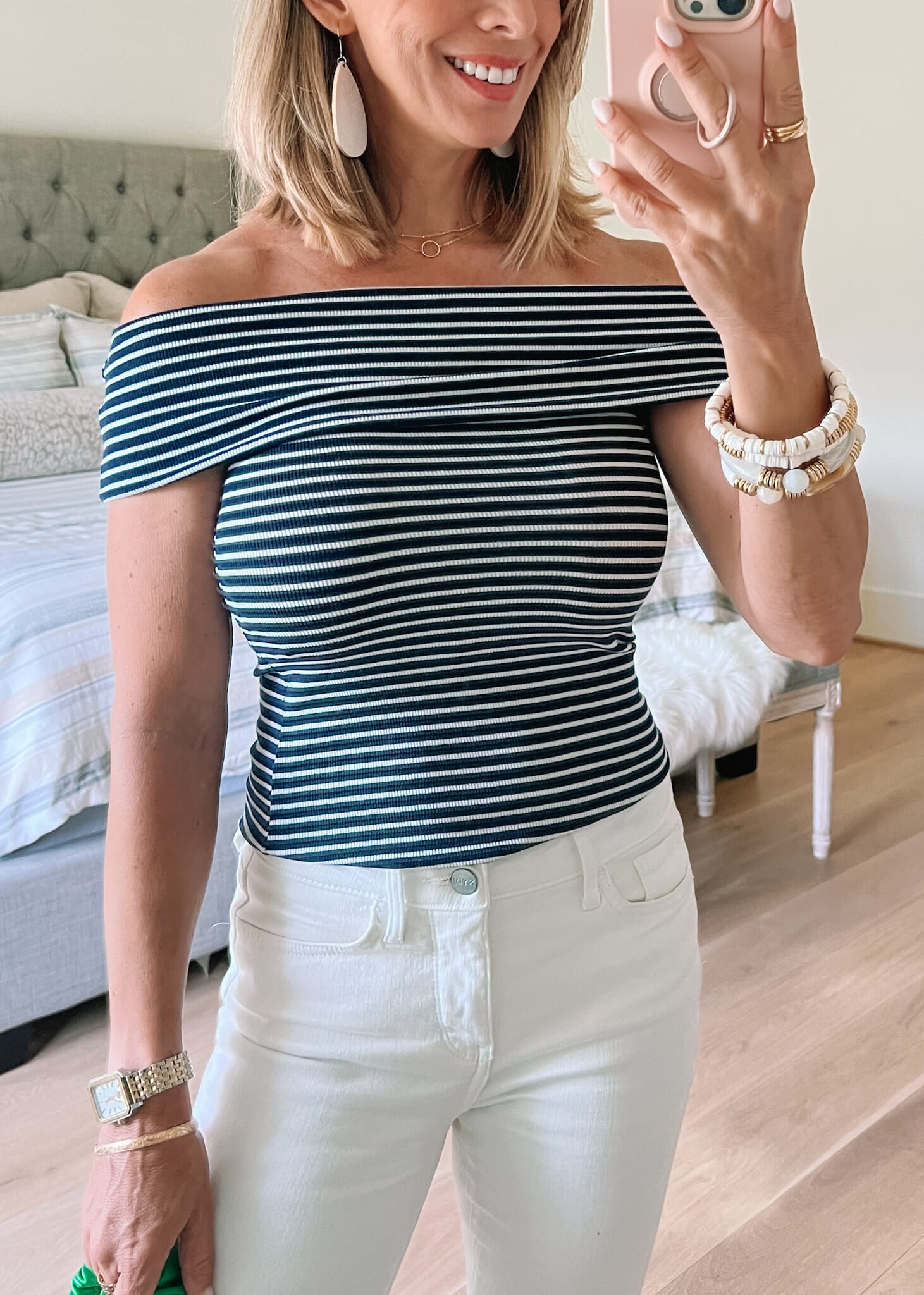 Striped Top, Jeans, Sandals, Green Purse