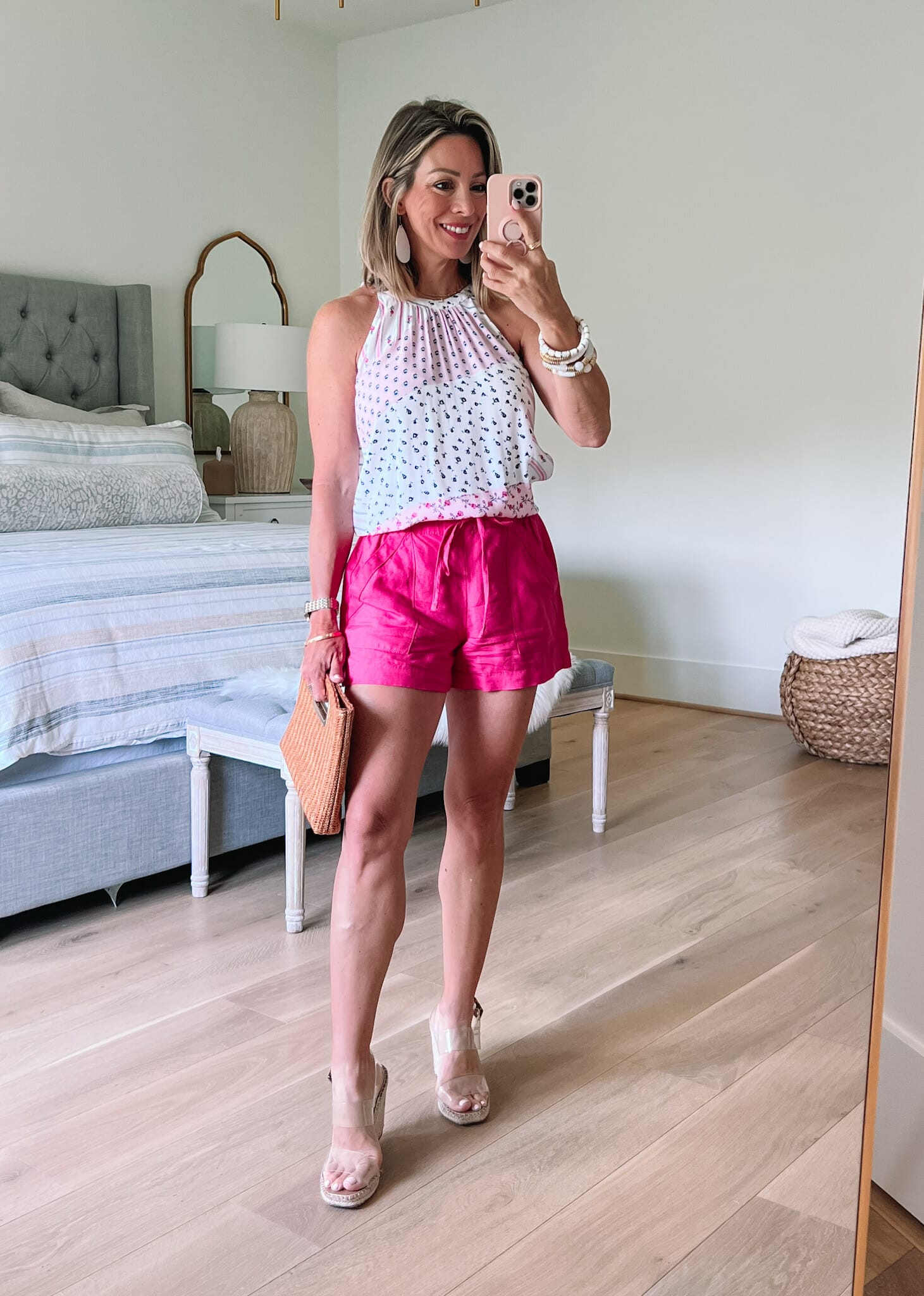 Patchwork Top, Pink Shorts, Wedges, Clutch