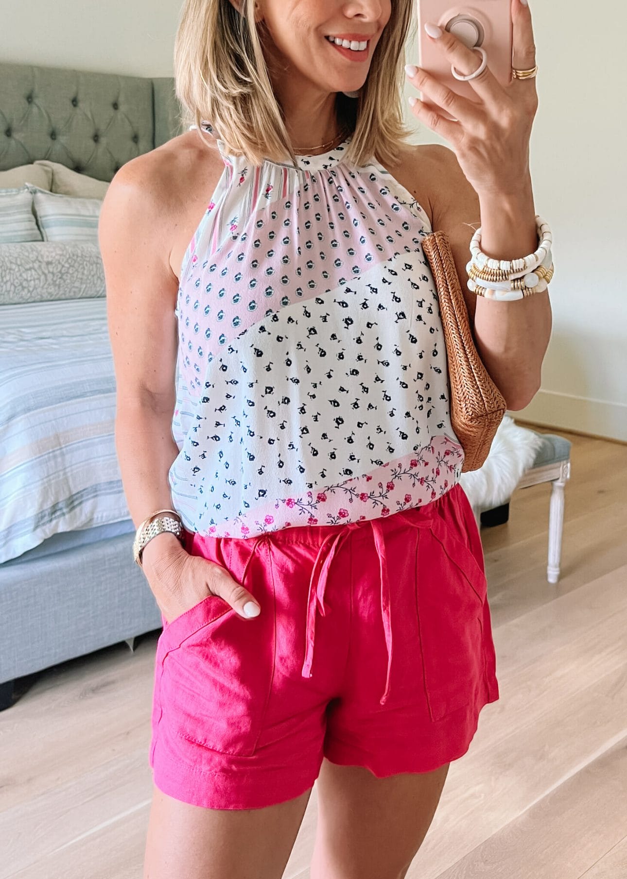 Patchwork Top, Pink Shorts, Wedges, Clutch