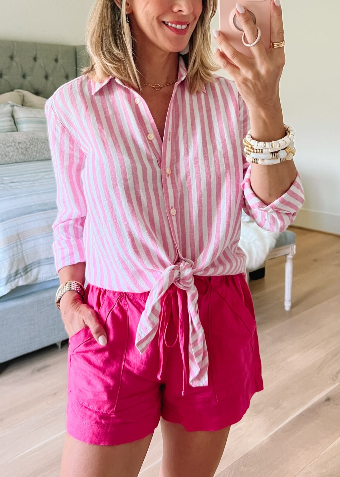 Striped Button Down, Pink Shorts,