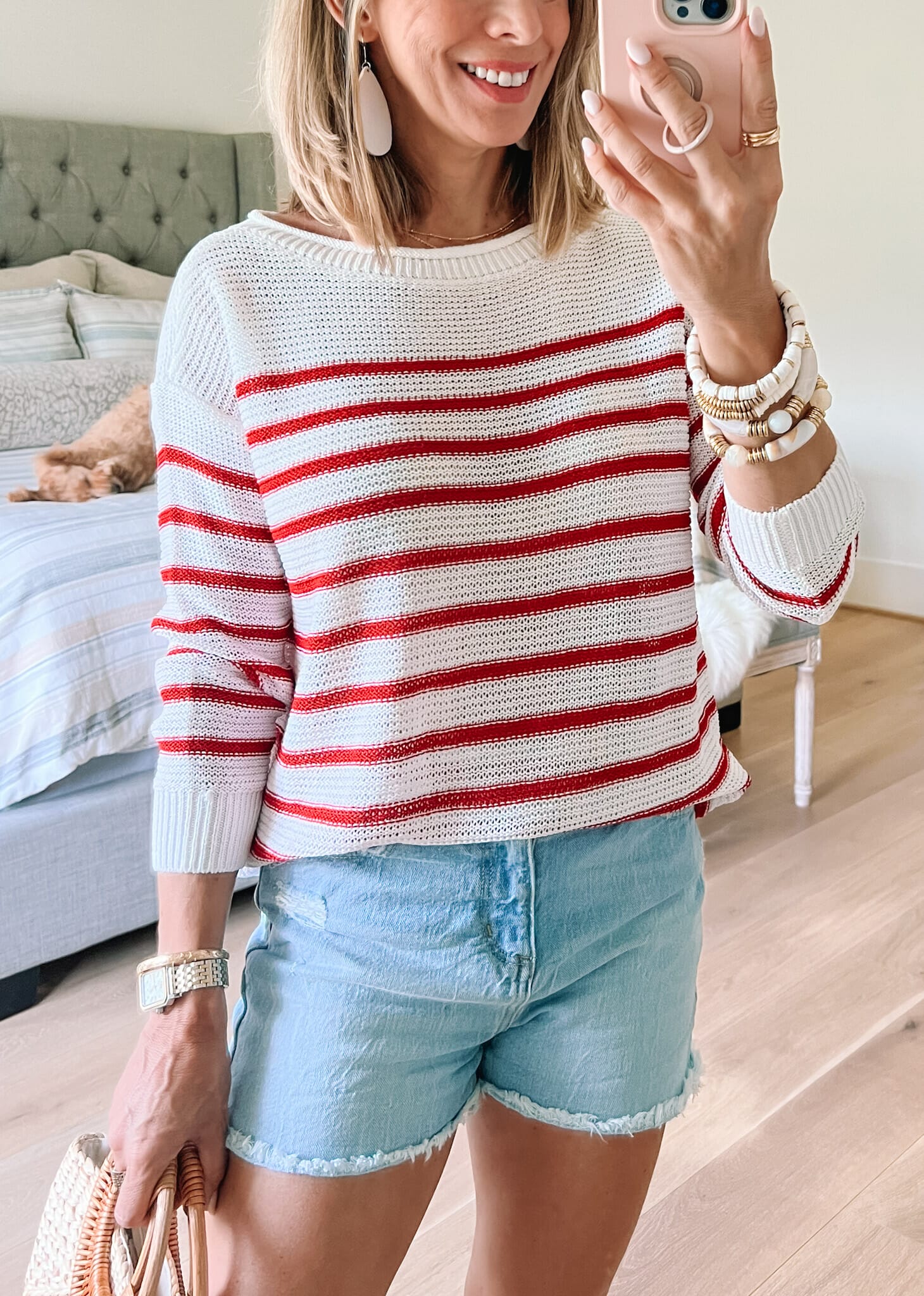 Striped Sweater, Jean Shorts, Pearl Slides, 