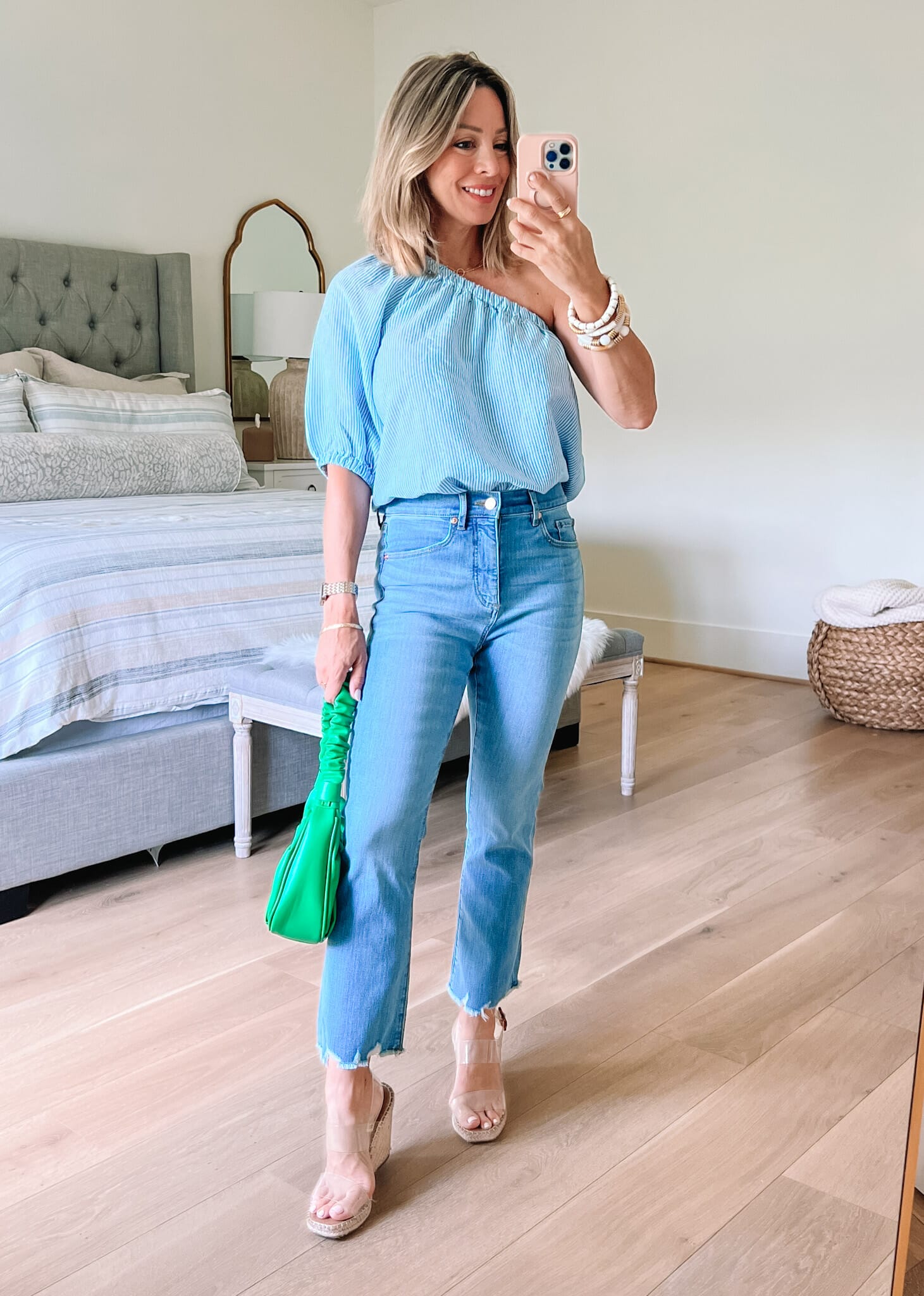 One Shoulder Striped Top, jeans, Wedges, Green Purse