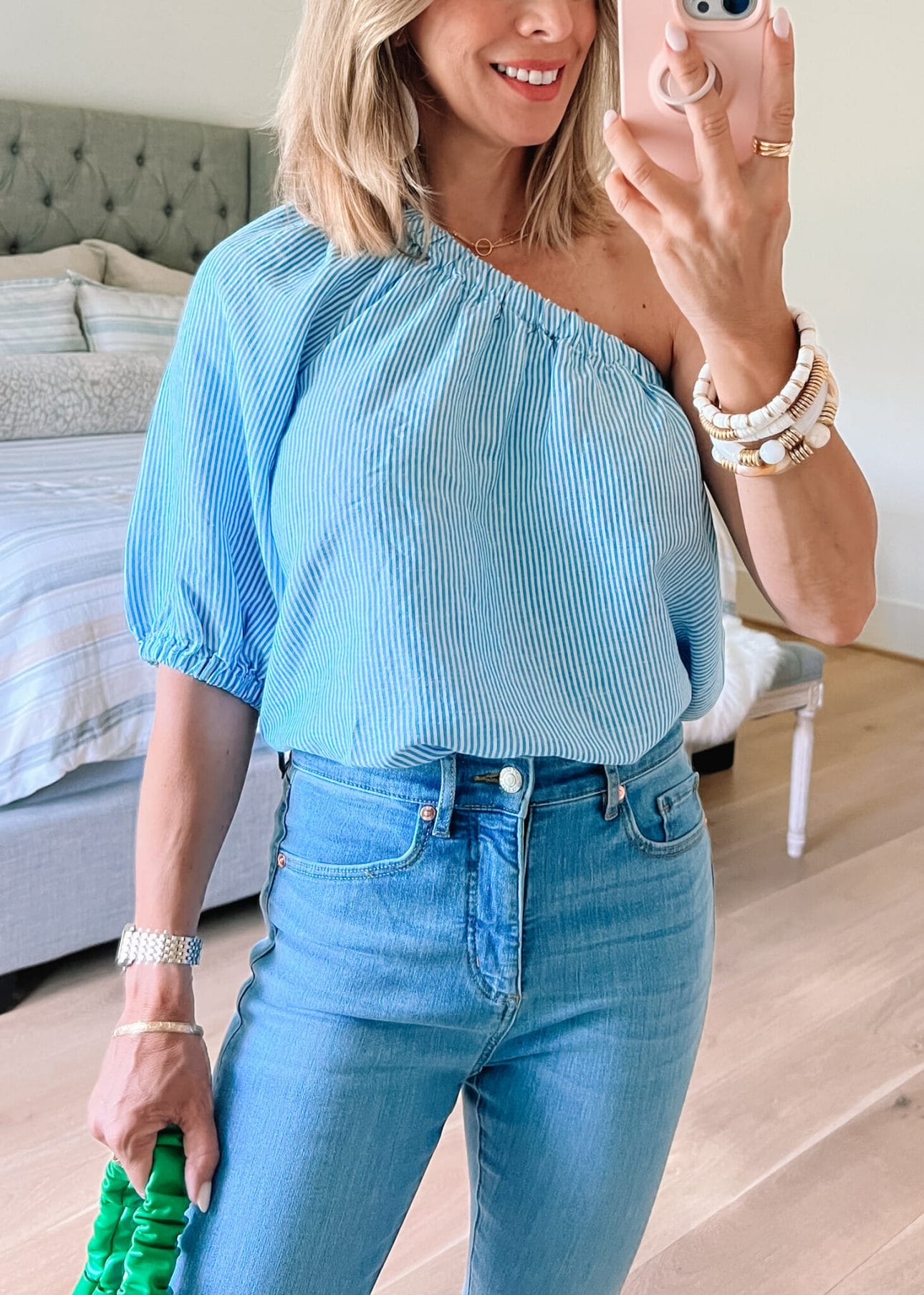 One Shoulder striped Top, Jeans, Green Purse