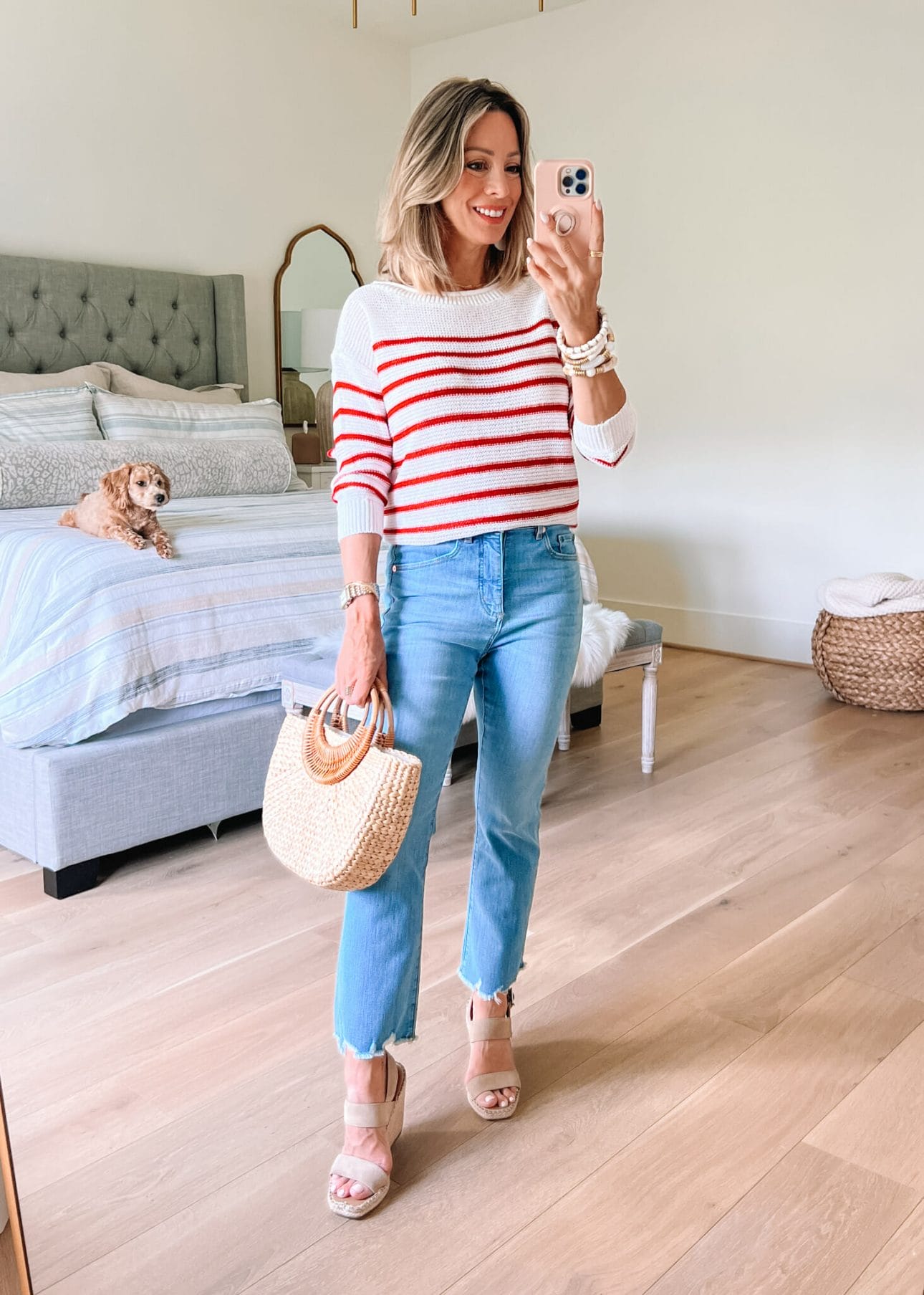 Striped Sweater, Jeans, Wedges, Woven Clutch 