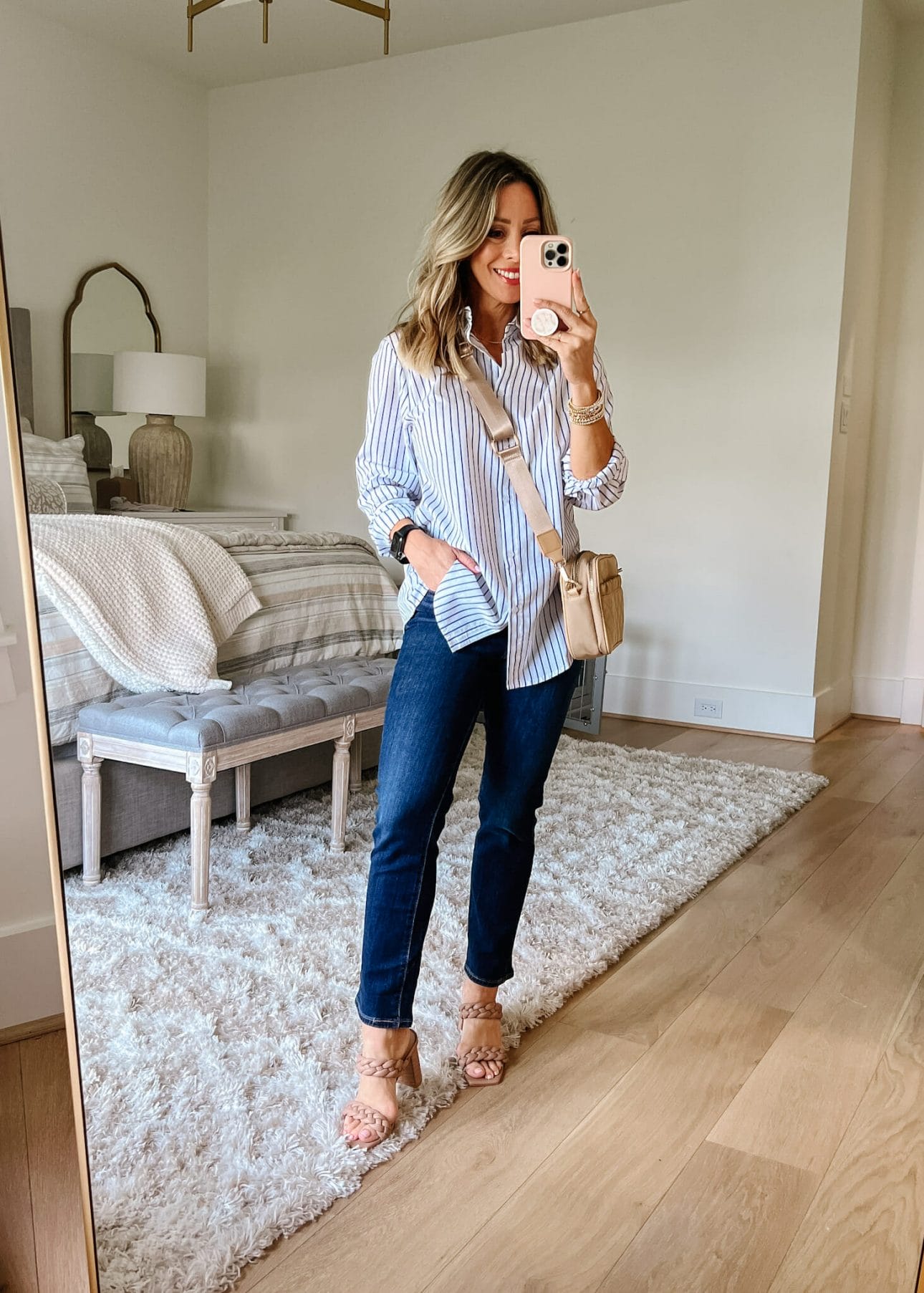 Striped Button Down, Jeans, Braided Heels, Crossbody 