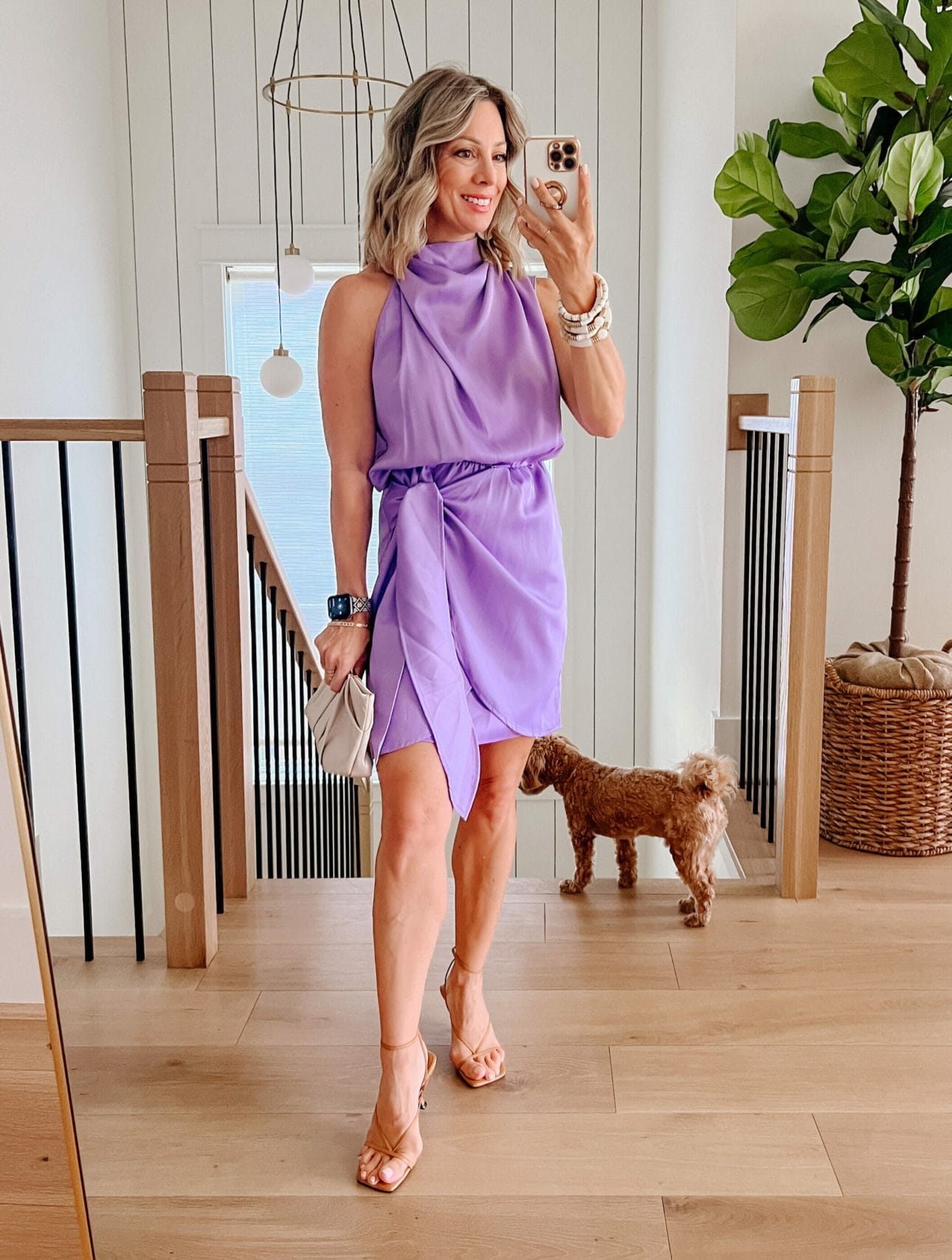 Purple Halter Midi Dress, Sandals