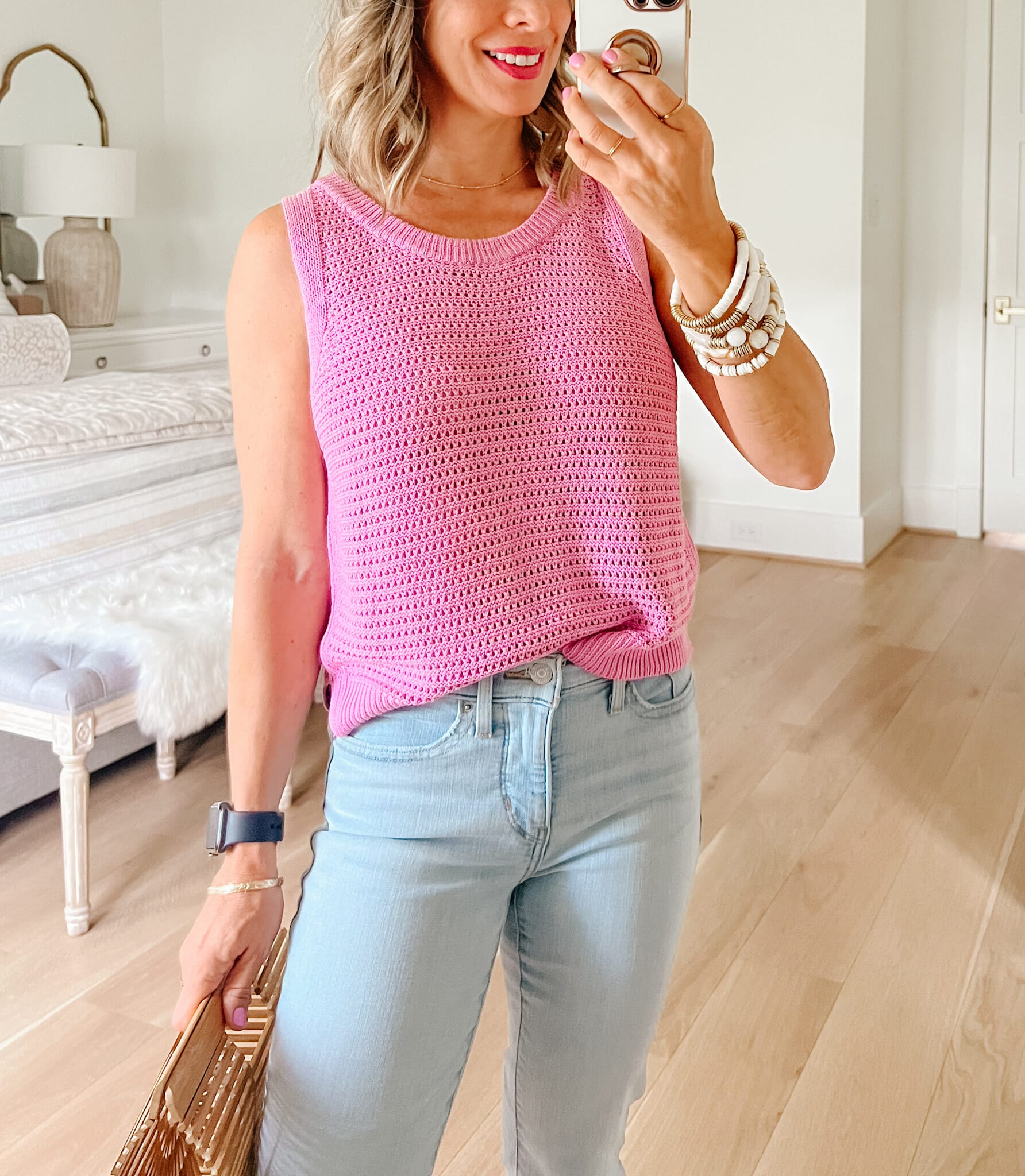 Sweater Tank, Jeans,Wedges, Bamboo Clutch 