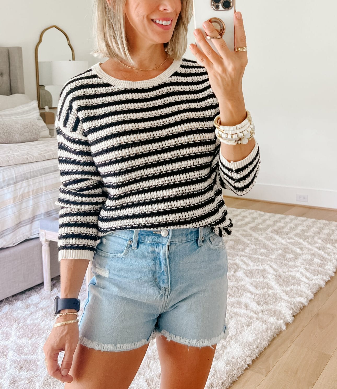 Striped Crochet Sweater, Shorts, Slides 