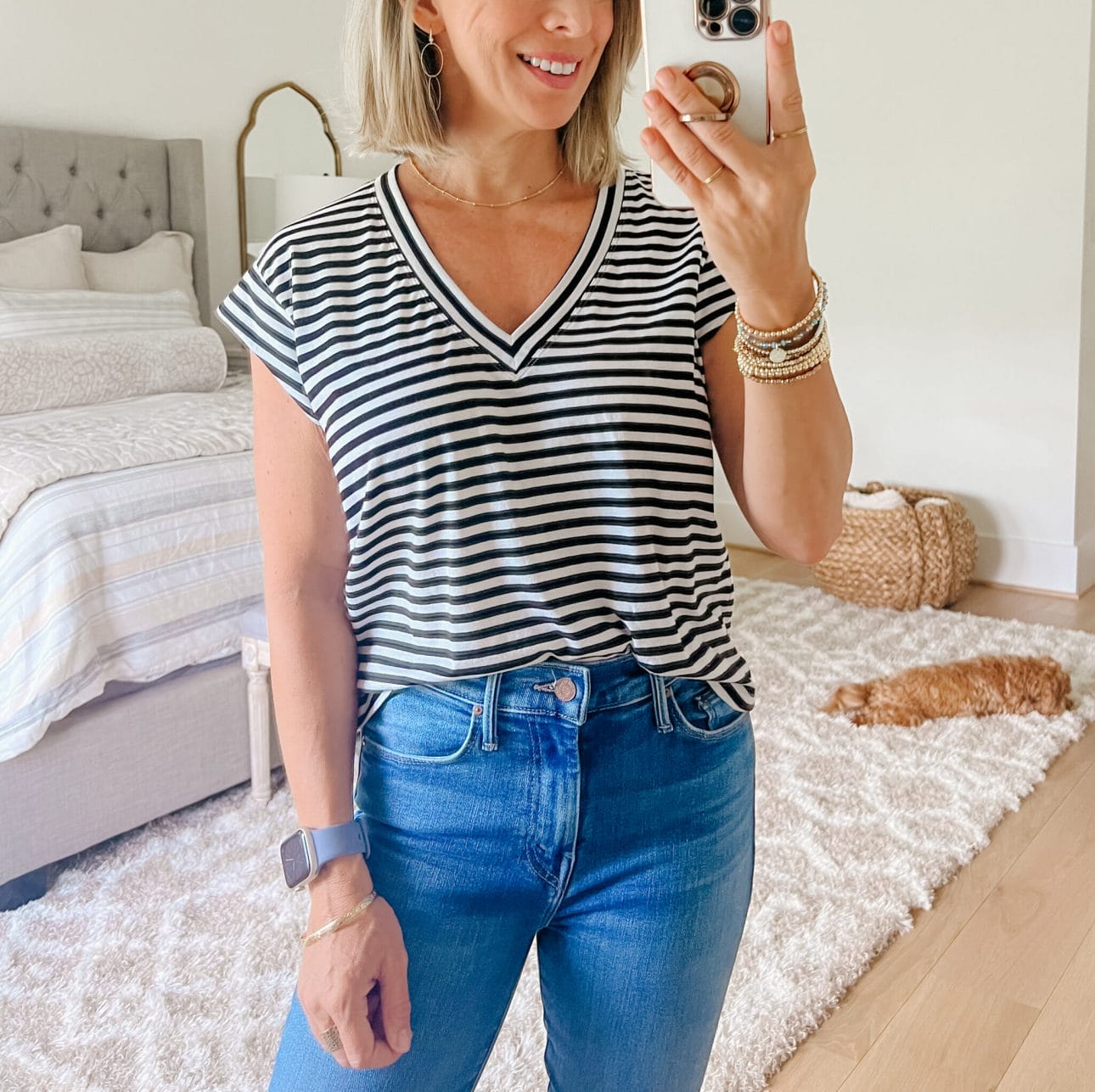 Striped Tee, Jeans, Sandals 