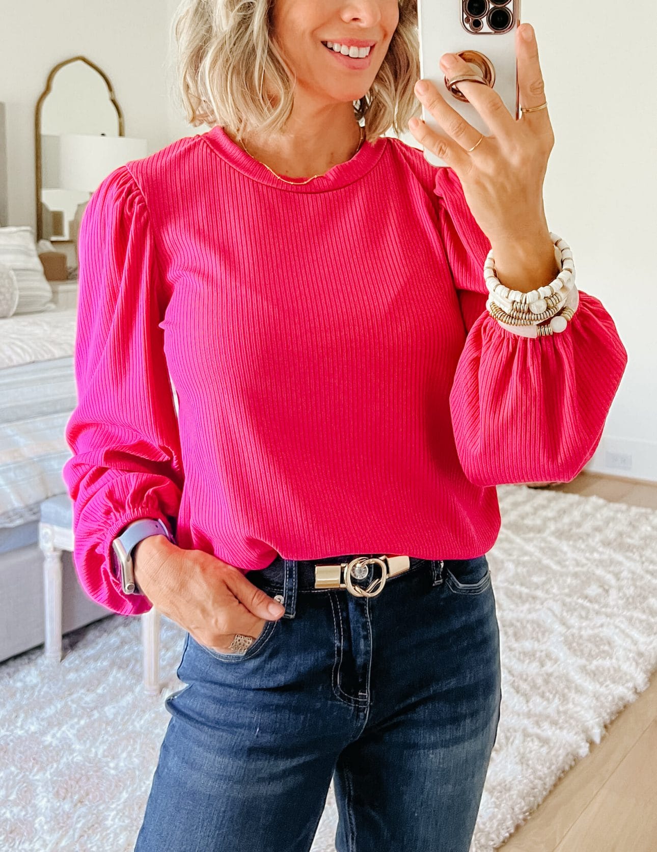 Pink Ballon Sleeve Top, Jeans, Belt