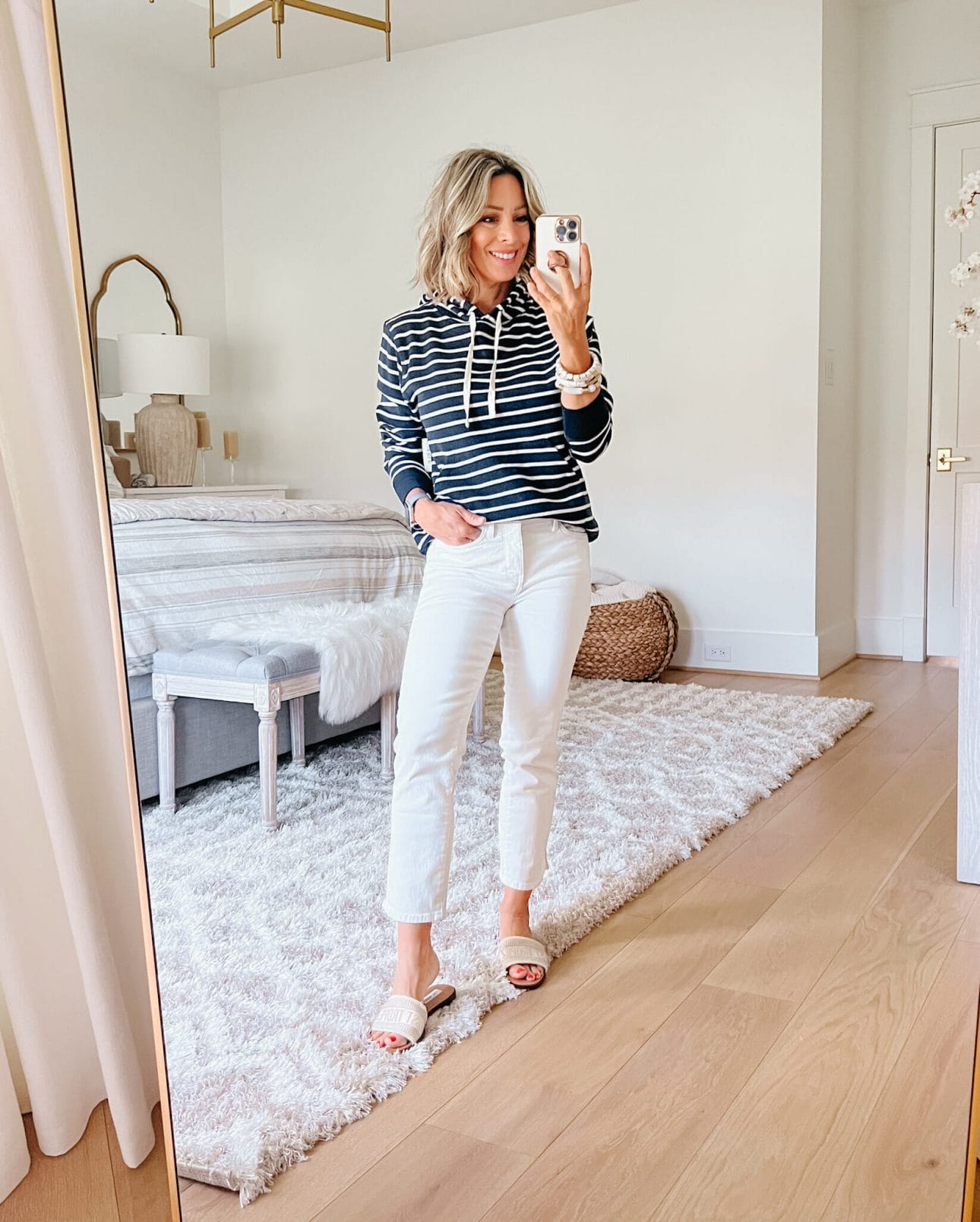Striped Pullover, White Jeans, Sandals