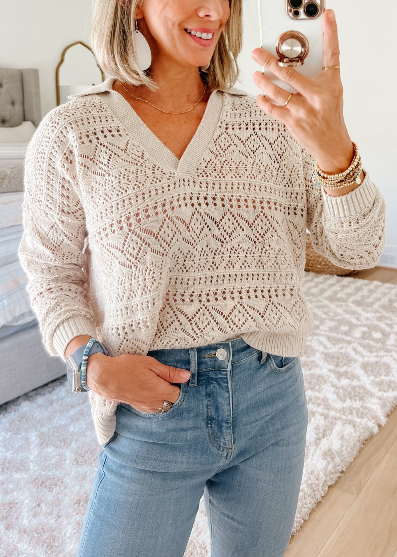 Pointenelle Polo Sweater, Jeans, Wedges 